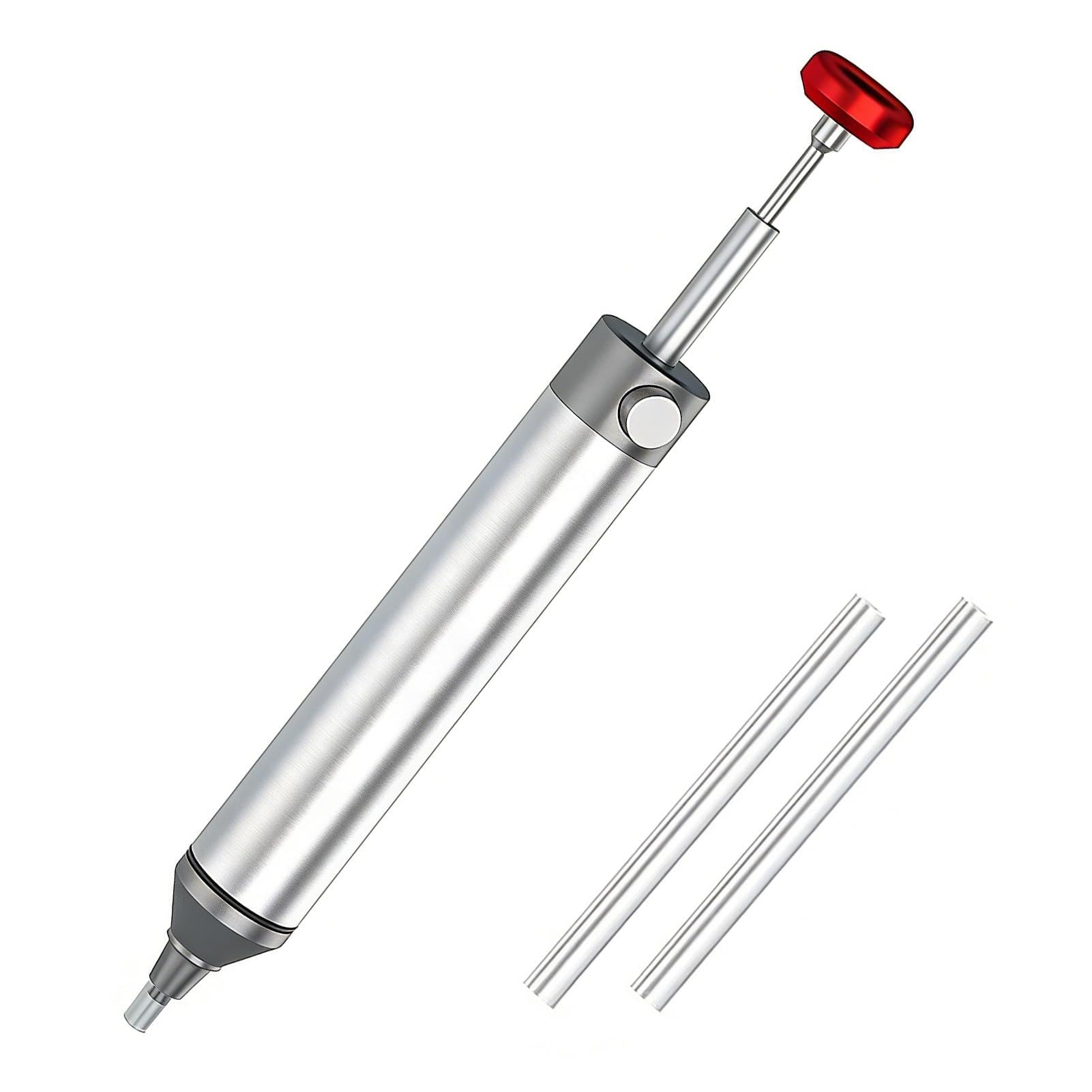 Solder Sucker Desoldering Pump 40cm-Hg Max Strong Suction, 150mm Grey Ergonomic One-Hand Desoldering Tool with Heat Resistant Silicone Nozzle for PCB Repair and Electronics DIY Projects