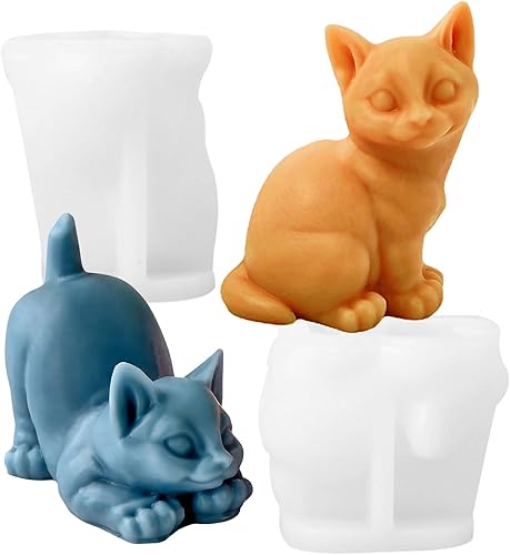 Miniatura 1 de Wehous 2 moldes de silicona para gatos, moldes de jabón de resina de animales 3D, lindo molde de fondant de animales para decoración de pasteles de