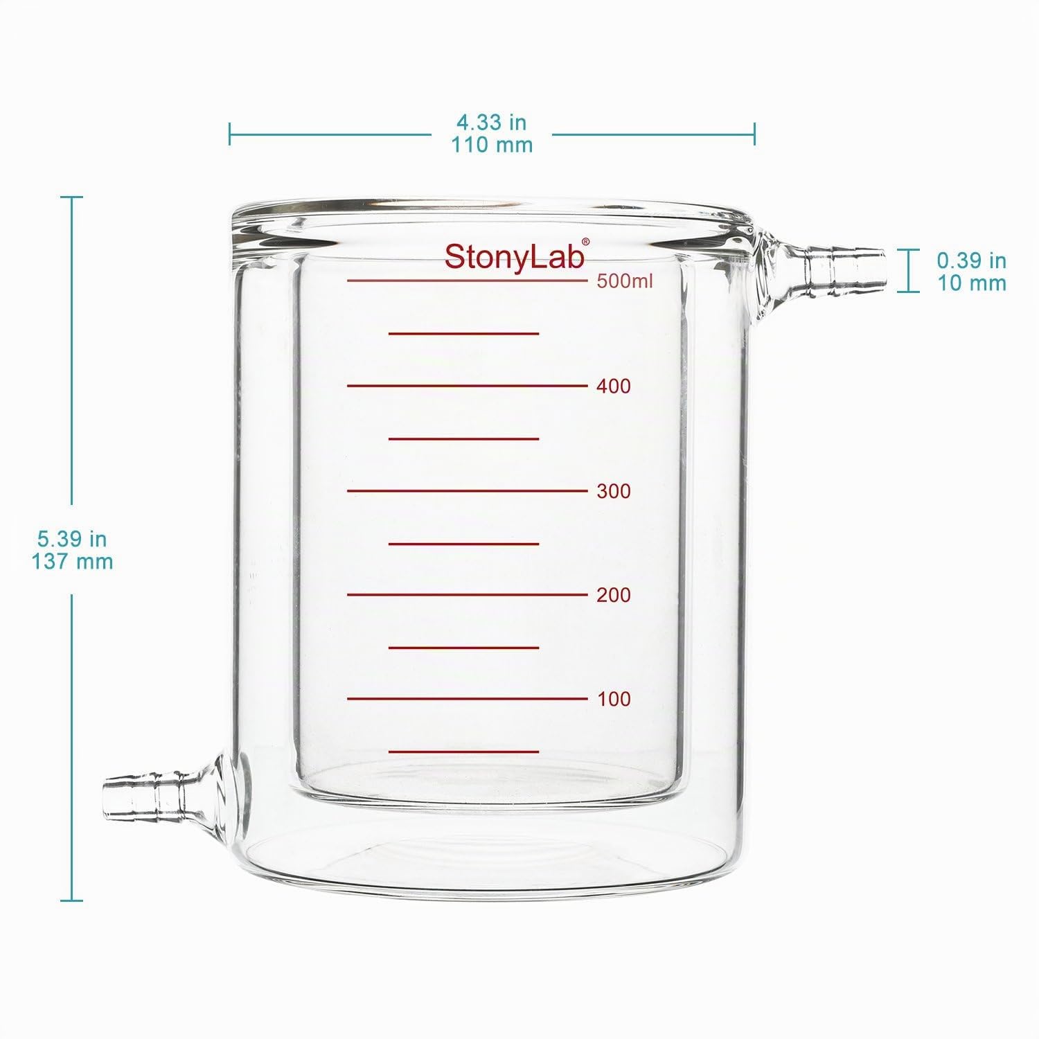 stonylab Vaso de Precipitados con Camisa de Vidrio, 500 ml, Borosilicato Graduado, Fondo Plano, Doble Pared para Reacciones de Laboratorio