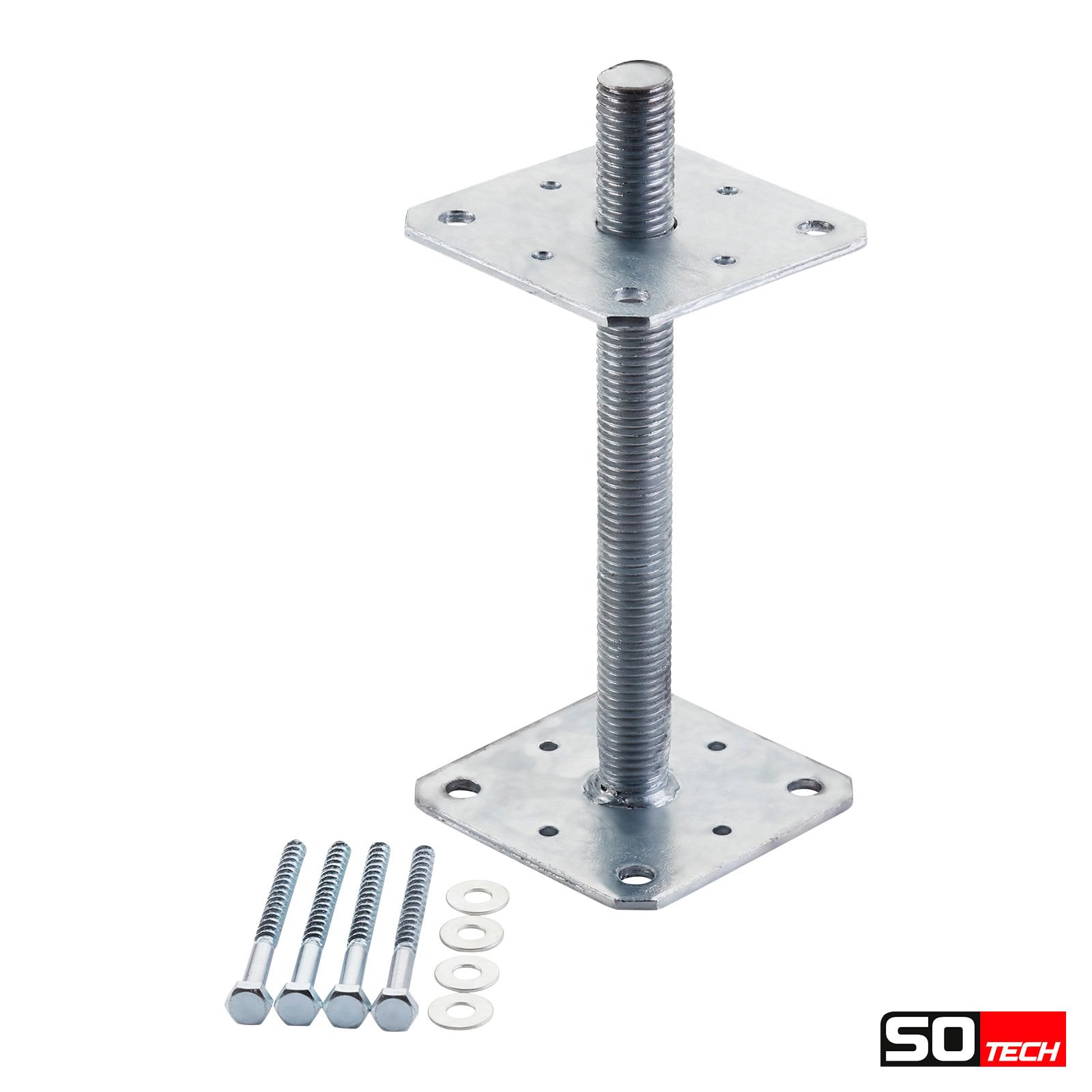 SOTECH Juego de 4 soportes para postes 110 x 110 x 250 mm rosca M24 soporte de acero galvanizado en caliente base de poste regulable en altura para atornillar resistente a la intemperie