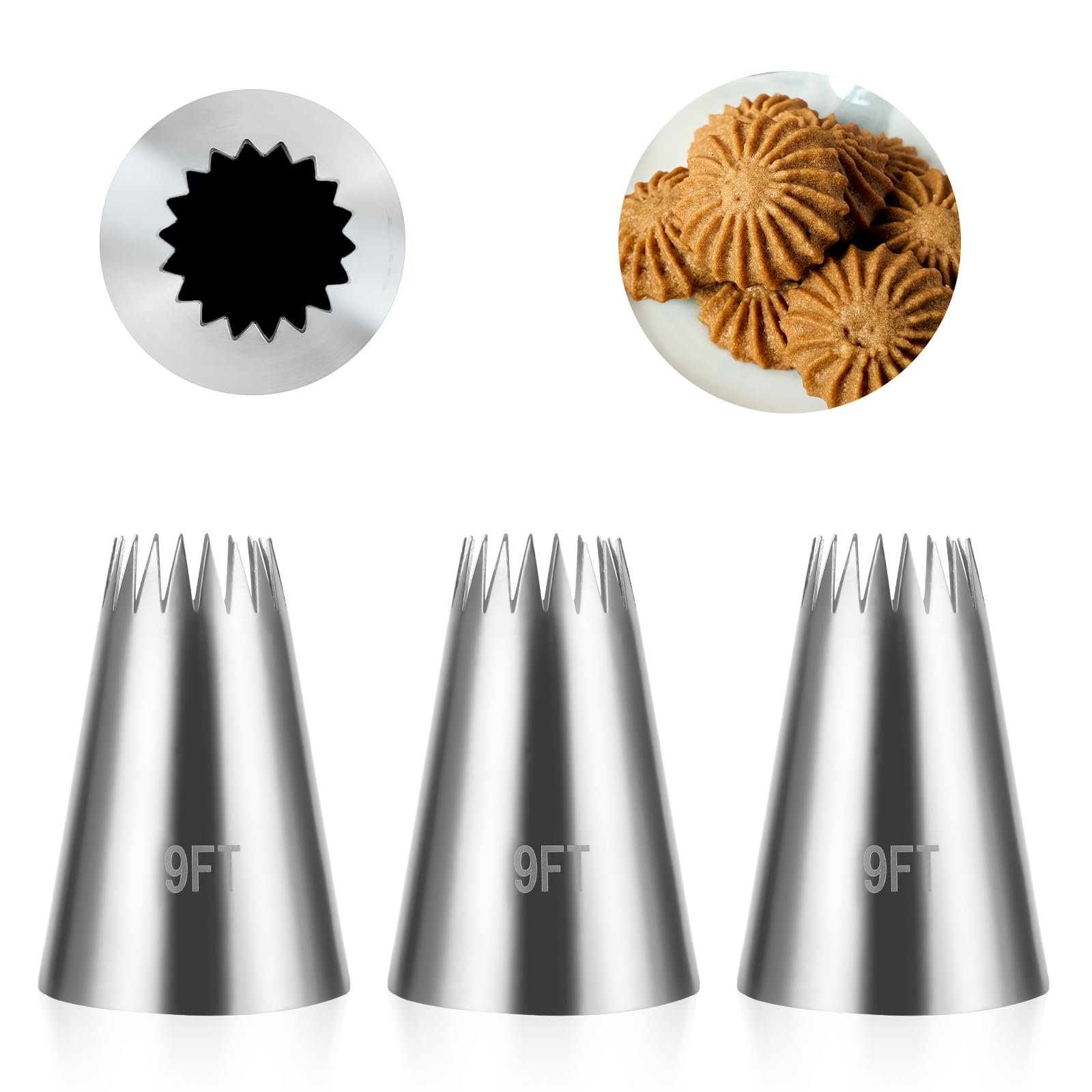 Dimeho 3 Pcs Churro Piping Tip 9FT Icing Tip Open Star Pastry Tip Stainless Steel Frosting Piping Tips Kit for Shells Border Waves Churros Cookie Baking Cake Decorating