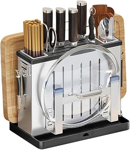 包丁スタンド 刀架 包丁ケース まな板 包丁まな板 スタンド 包丁立て収納 包丁差し 壁掛け可能 鍋蓋スタンド お箸立て付き ナイフ/フォーク/スプーン/お箸収納 水受けトレー 省スペース (本体+鍋蓋フレーム+まな板フレーム,シルバー)