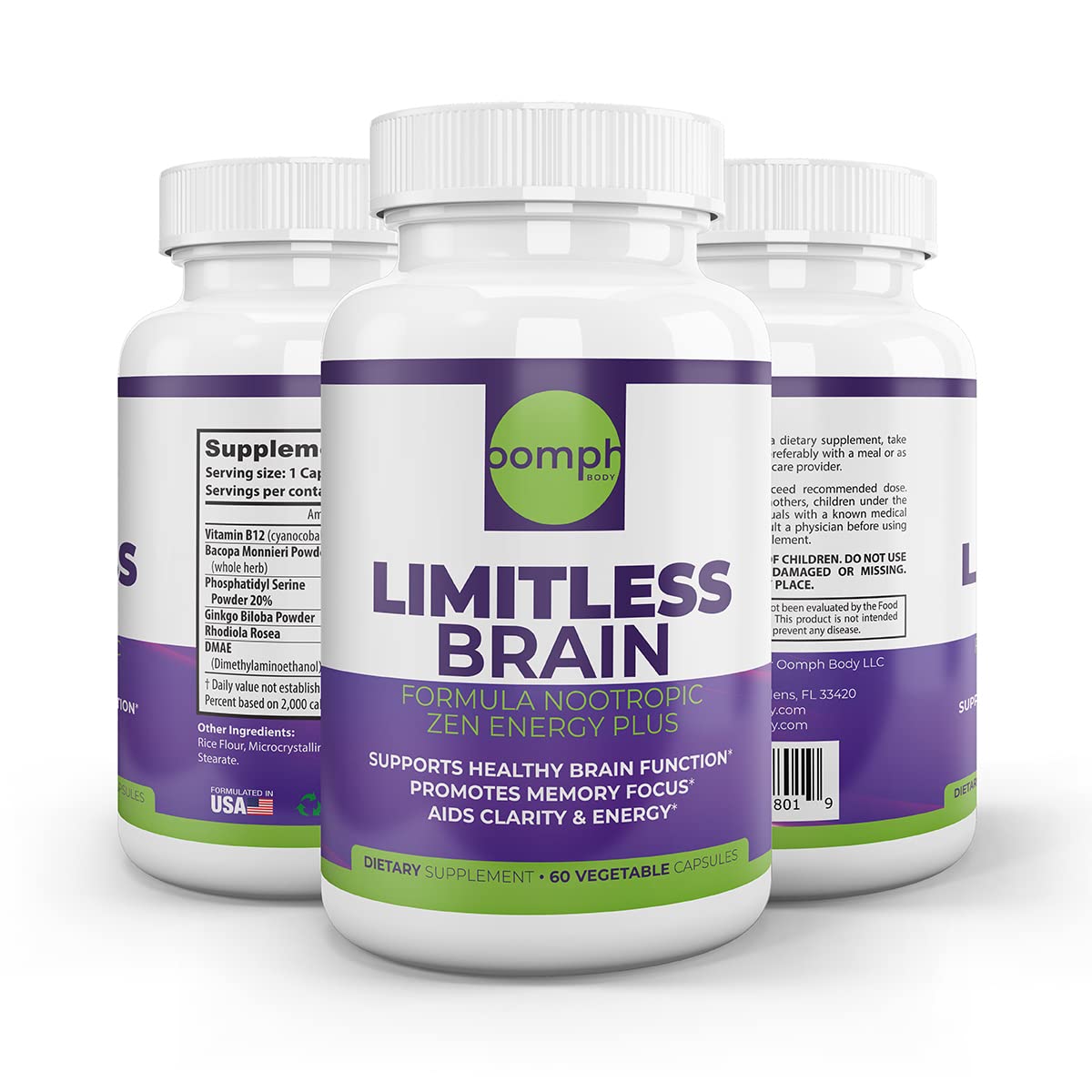 Limitless Brain Formula Nootropic Zen Energy Plus (60 Capsules) - Brain Booster and Focus Supplement for Adults - Ginkgo Biloba, Bacopa Monnieri, and DMAE Supplements with Vitamin B12