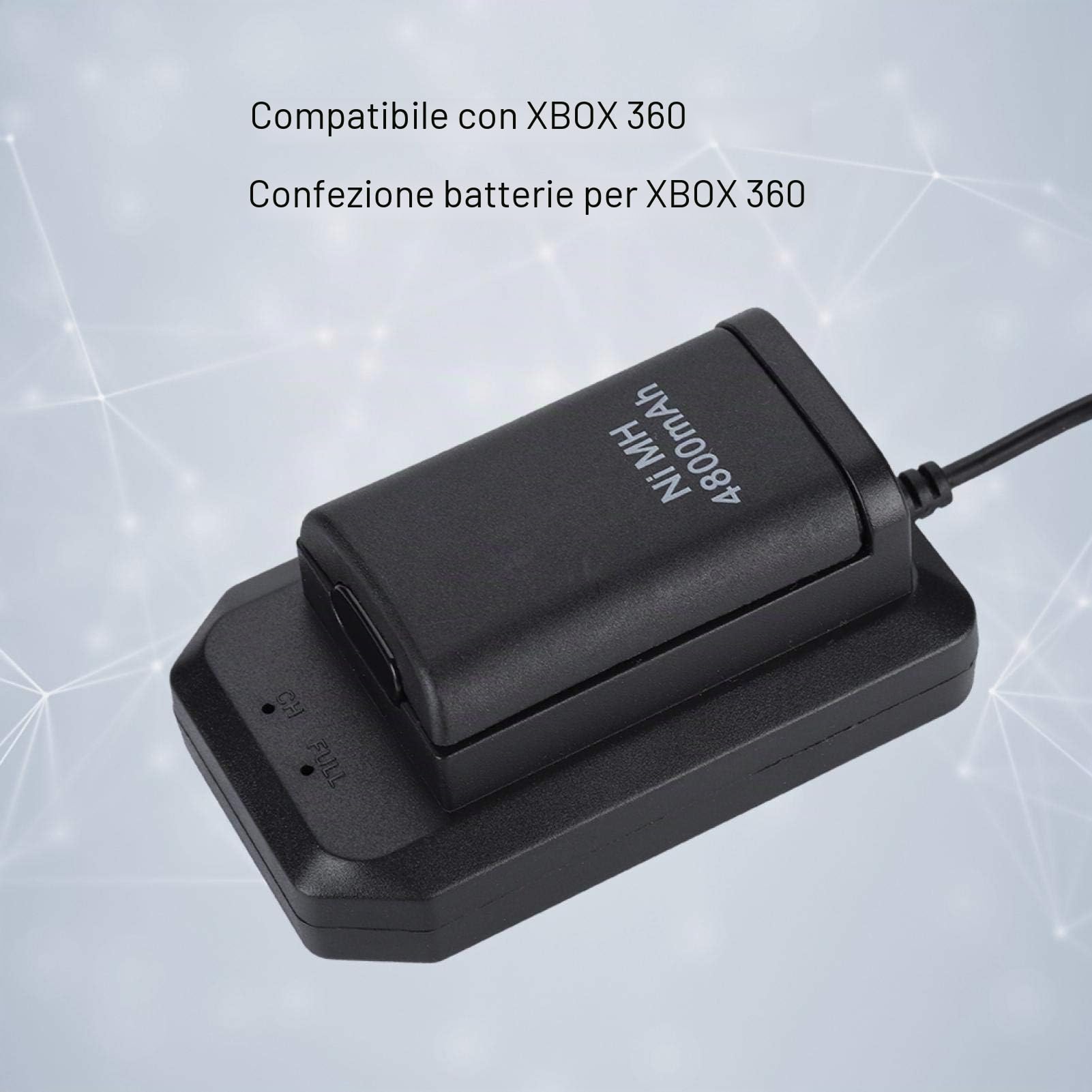 Batteria per controller Xbox 360, batteria ricaricabile 4800 mAh, batteria di ricambio e kit di ricarica con cavo USB per telecomando Xbox 360, colore: Nero