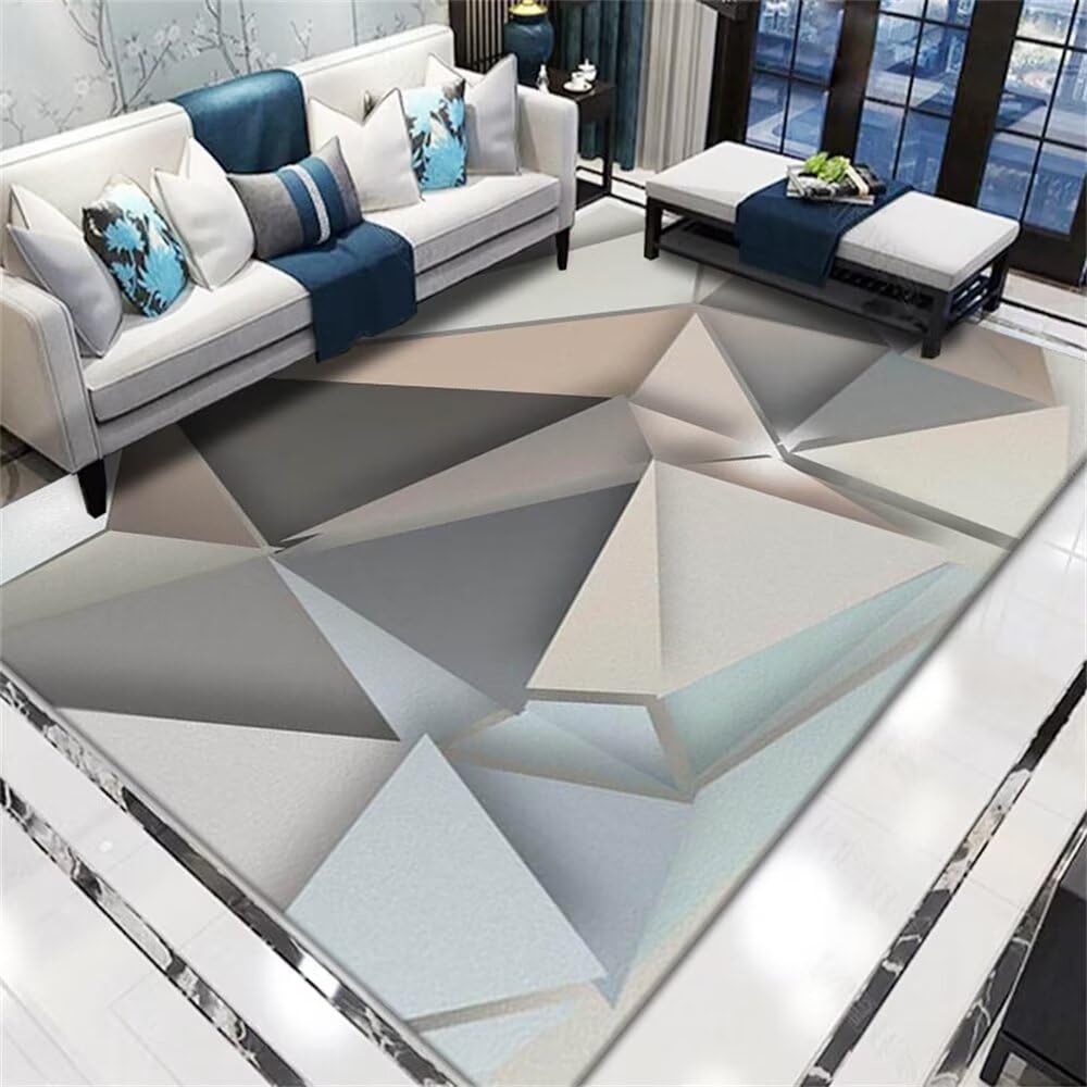 Tapis XXL salon moquette design triangulaire géométrique gris-bleu