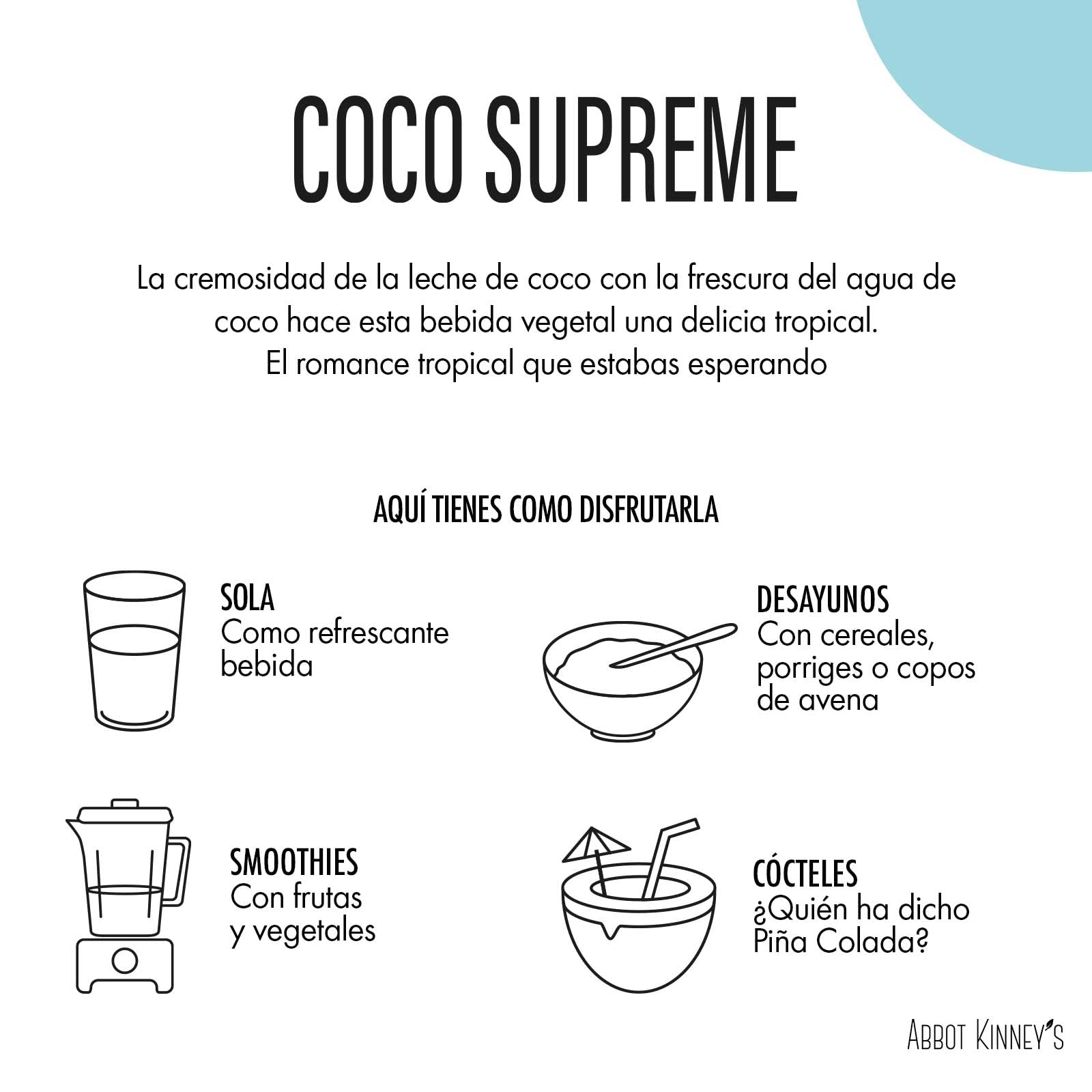 Abbot Kinney's Bebida Ecológica Vegetal de Coco Supreme Pack 6 x 1 L Sin Azúcar Añadido Vegano Sin Lactosa