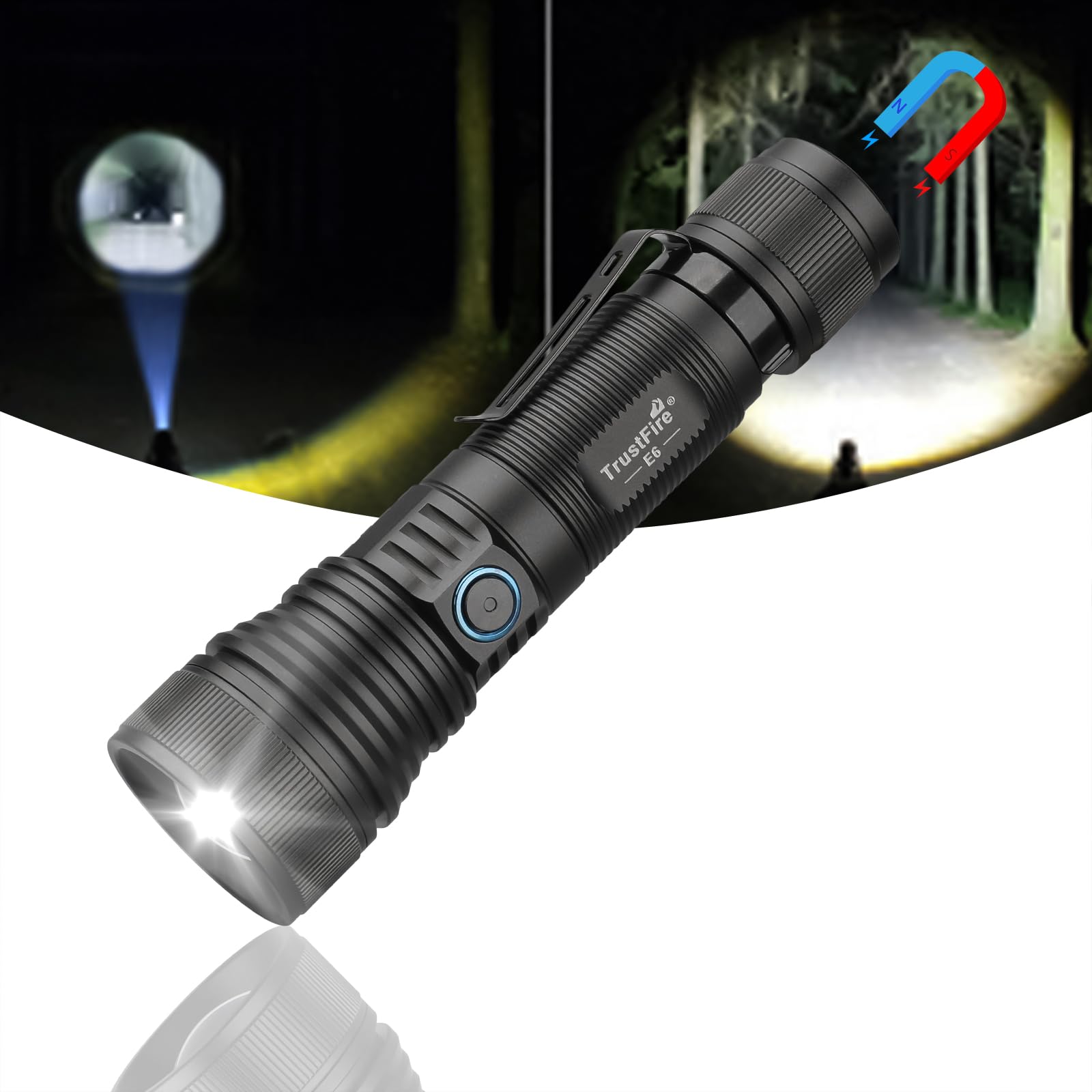 TrustFire E6 Linternas LED Alta Potencia, 1500 Lúmenes Recargable Linternas, 5 Modos de Luz, Zoomable, Linterna de Aluminio Enfoque Ajustable - Ultra Portátil para Ciclismo, Camping, Montañismo etc.