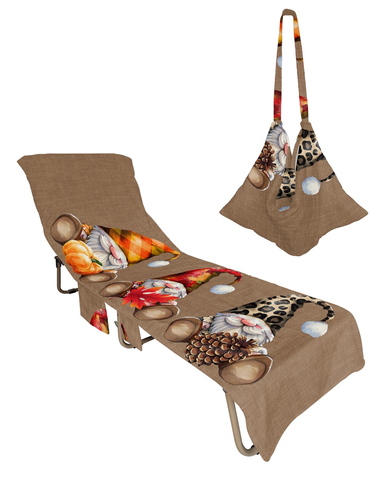 Fall Gnomes Beach Lounge Chair Towel Cover, Soft Chaise Lounge Towel with Side Pockets Patio Pool Chairs Cover for Beach/Pool Sunbathing 29x85 Thanksgiving Pumpkin Maple Leaf Welcome