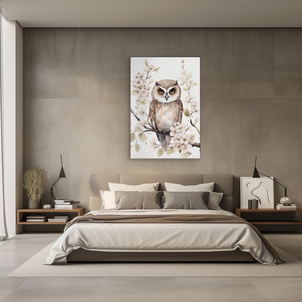 Canvas for Living room. Whispering Wisdom: The Serene Gaze of a Yellow-Eyed Owl Amidst Floral Splendor, 27 x 18 inch Canvas Wall Art - Contemporary Masterpieces - Botanical Home Decor