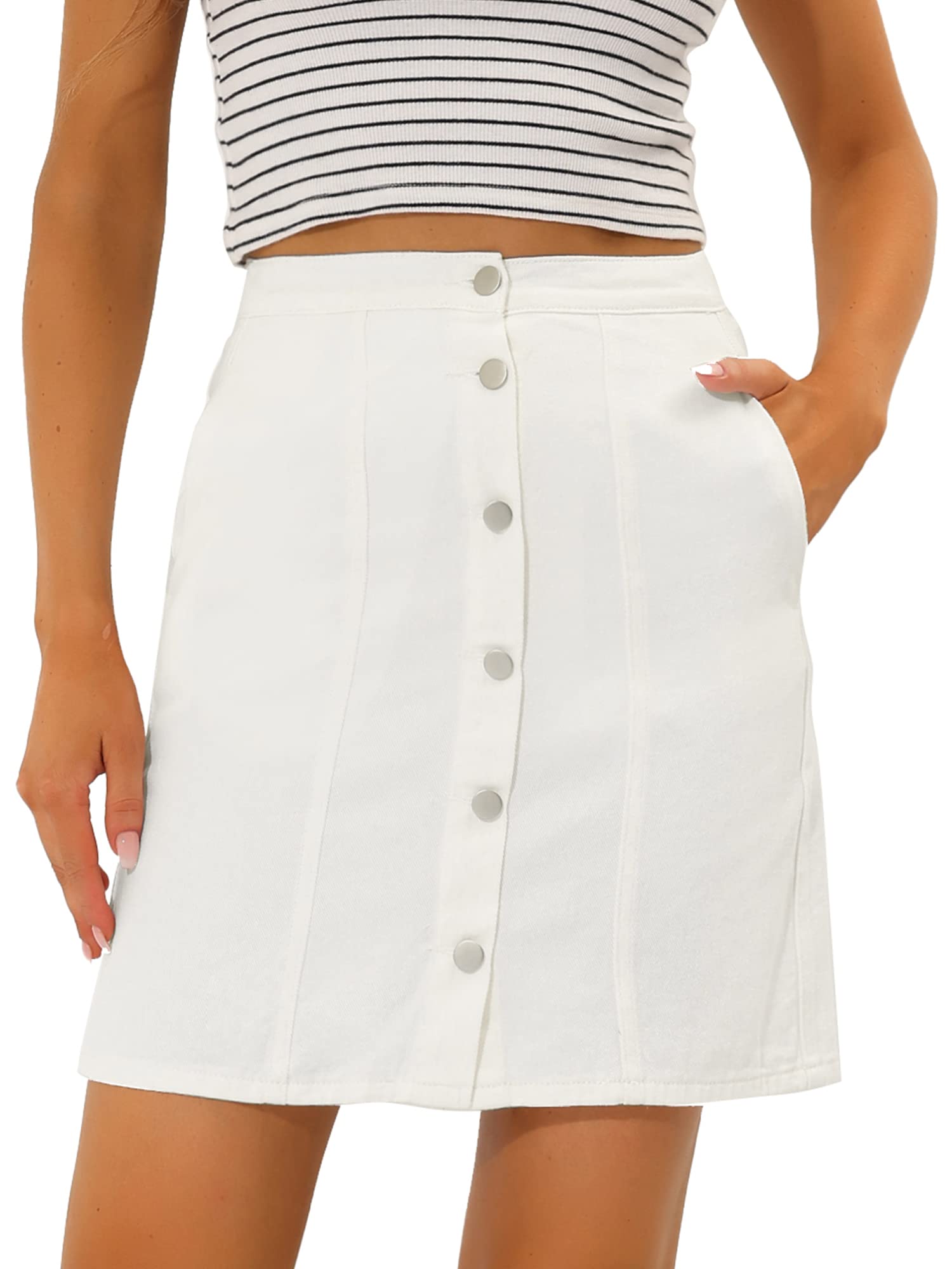 Allegra K Damen A Linie High Waist Button Jeans Minirock Rock