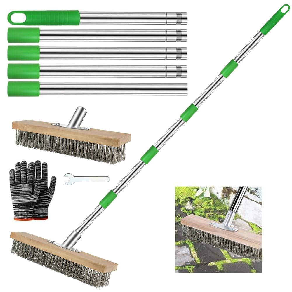 Scopa Metallica Per Giardino Con Manico 190cm, Filo Metallico 30cm - Per Rimuovere Erbacce, Muschio e Macchie Ostinate - Spazzola Esterni Per Patio, Terrazza