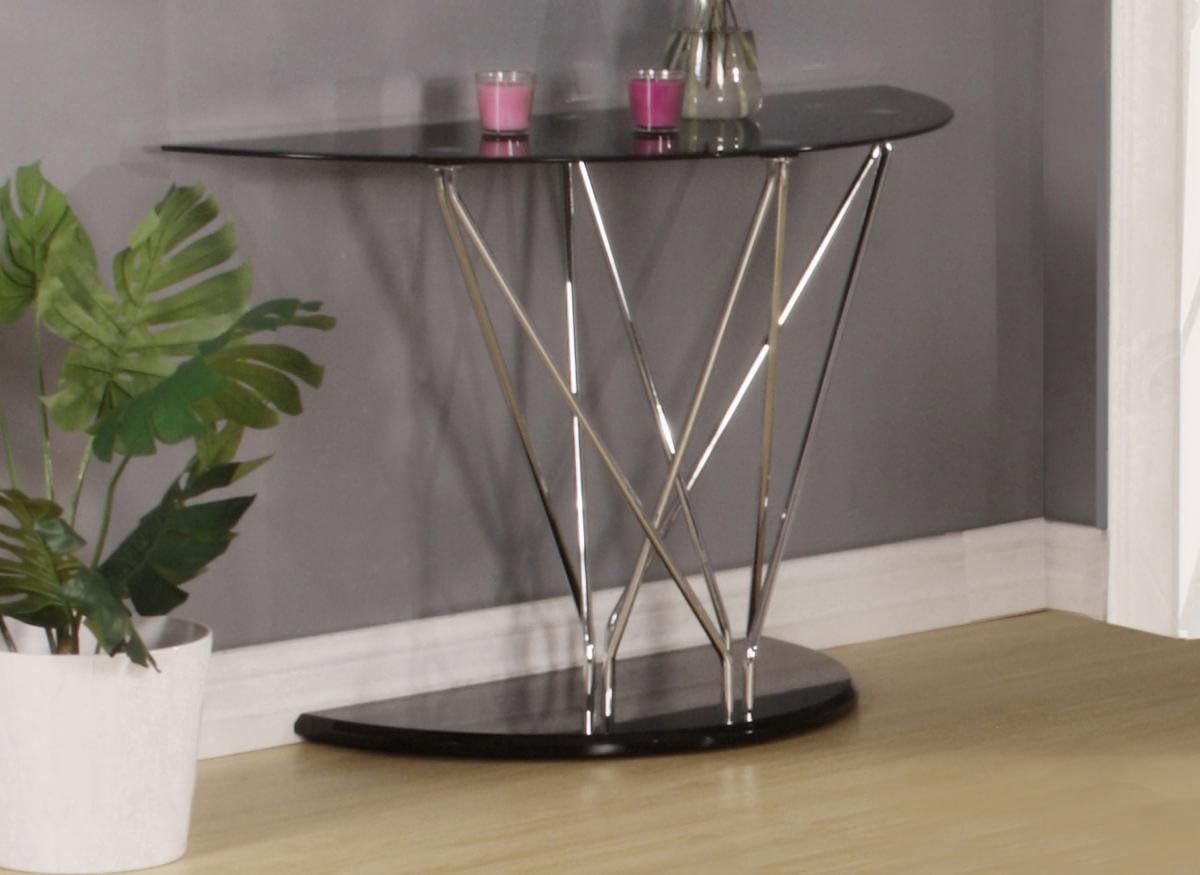 Uplands Glass Console Table Chrome & Black, 1220W x 460D x 750H Chrome with Black Glass & High Gloss Base, Living Room Furniture