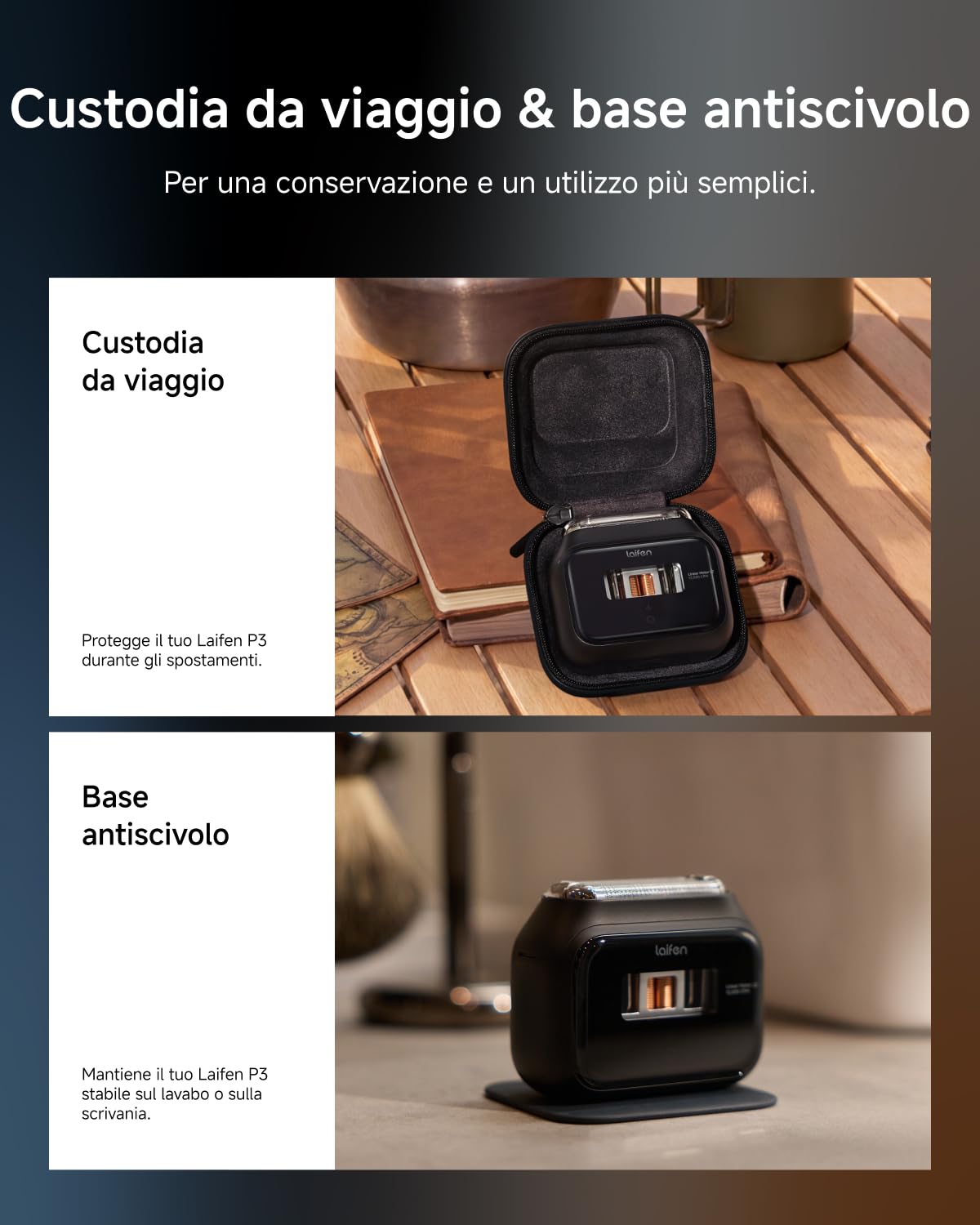 Laifen P3 Bundle Rasoio Elettrico a Lamina a 3 Lame con Accessori, Nero | Motori Lineari 2×12.000 Tagli/min., Rasatura a Secco e a Umido, Lamina 0,055 mm, Batteria 100 min, USB-C, IPX7
