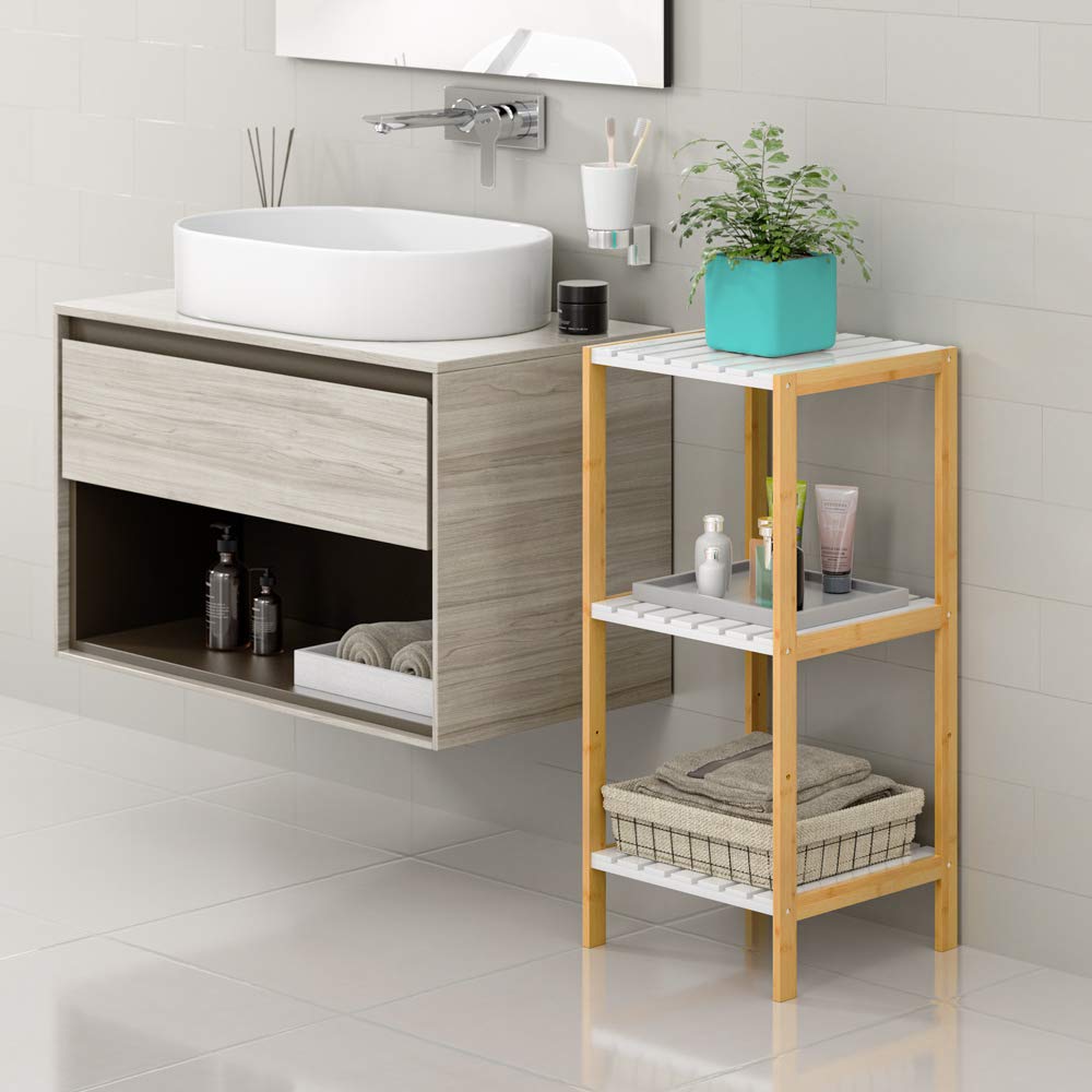 Casaria Étagère en Bambou 3 Niveaux Meuble de Rangement avec tablettes Blanches Charge Max. 30 kg Maison intérieur Salle de Bain