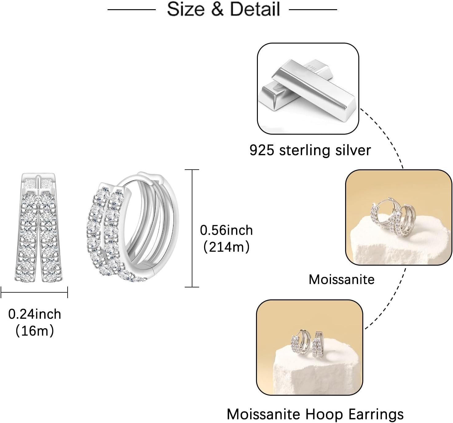 Moissanite Hoop Earrings for Women - 925 Sterling Silver Moissanite Double Huggie Earrings Double Hoop Earrings Piercing Real Moissan Hypoallergenic Jewelry Gifts - Image 6