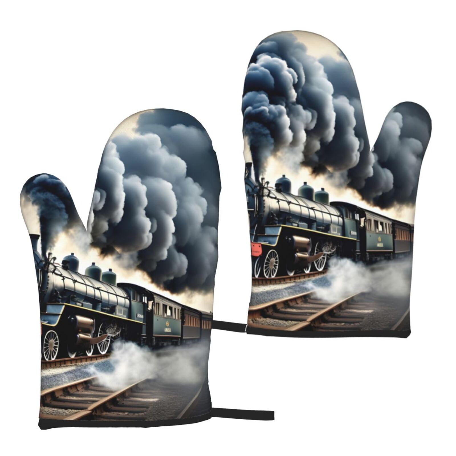 Nimongt Women's Black Steam Train Clouds Print Adults Universal Fit Heat Resistant Oven Gloves Reusable Cooking Outdoor Grilling