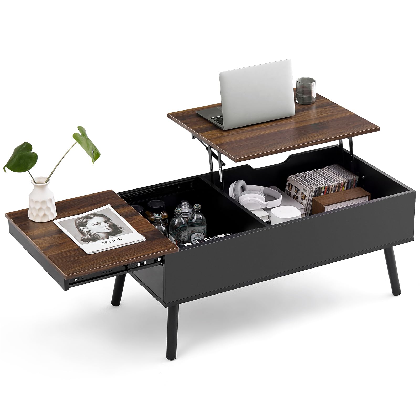 JanflyHome Couchtisch Höhenverstellbar mit Schiebeplatte, Couchtisch mit Stauraum, Modern Wohnzimmertisch mit 2 Großen Versteckten Ablagefächern, 100 x 50 x 43.5 cm (Braun)