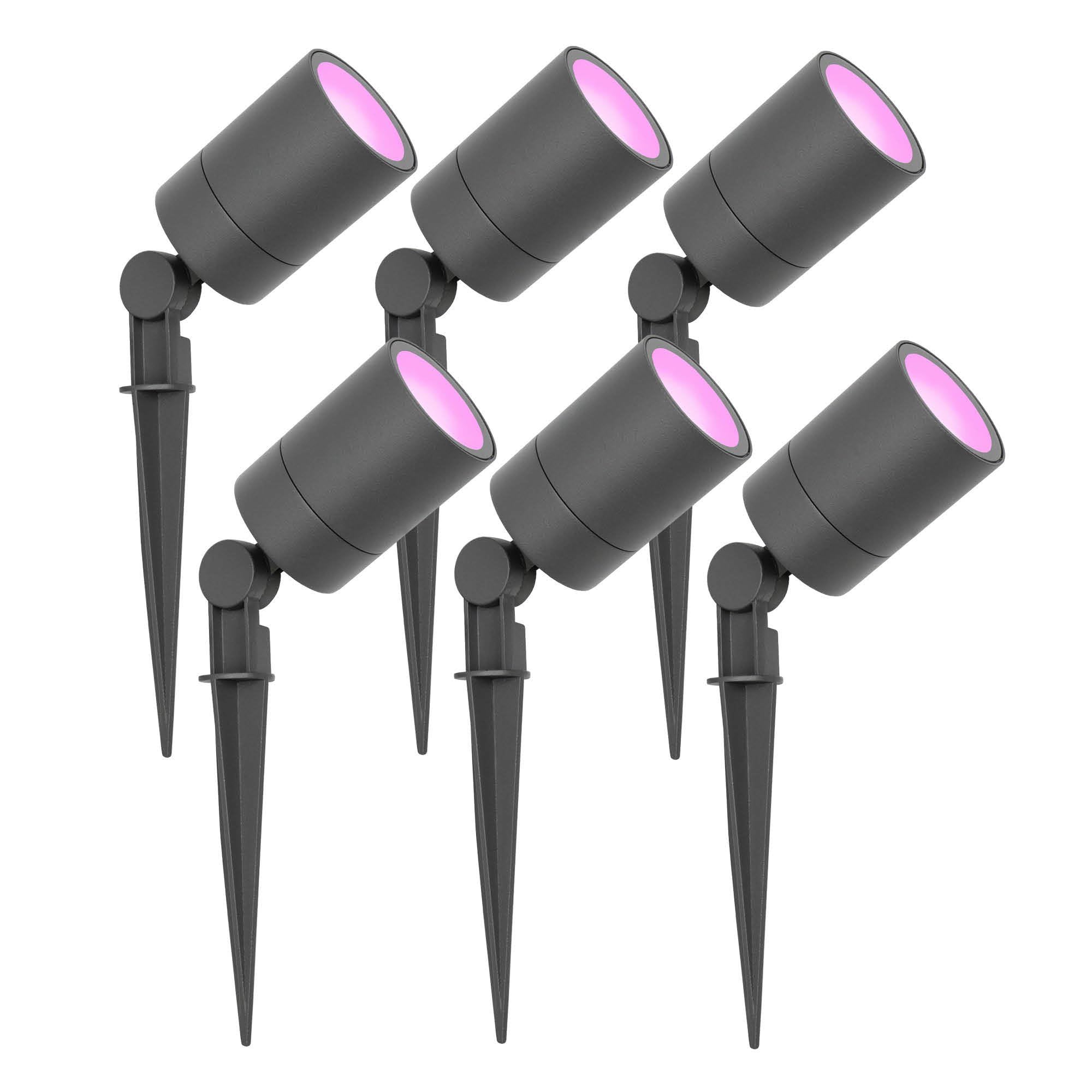 Ledvion - 6x LED Faretti da Esterno con Picchetto, Alluminio Antracite, IP65, 5W, RGBWW, Cavo 1 metro