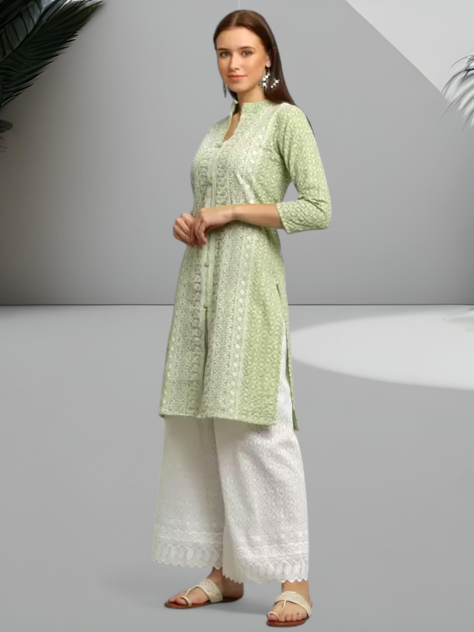 RangMahal Damen Baumwolle Indisch Handgefertigt Lucknowi Chikankari Kurta Palazzo Set Traditionelle Kleidung