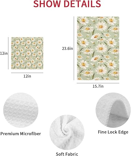 Miniatura 7 de Juego de 2 toallas de cocina de tejido de punto gofre de algodón, diseño vintage de margaritas verdes, 16 x 24 pulgadas, absorbentes, de secado
