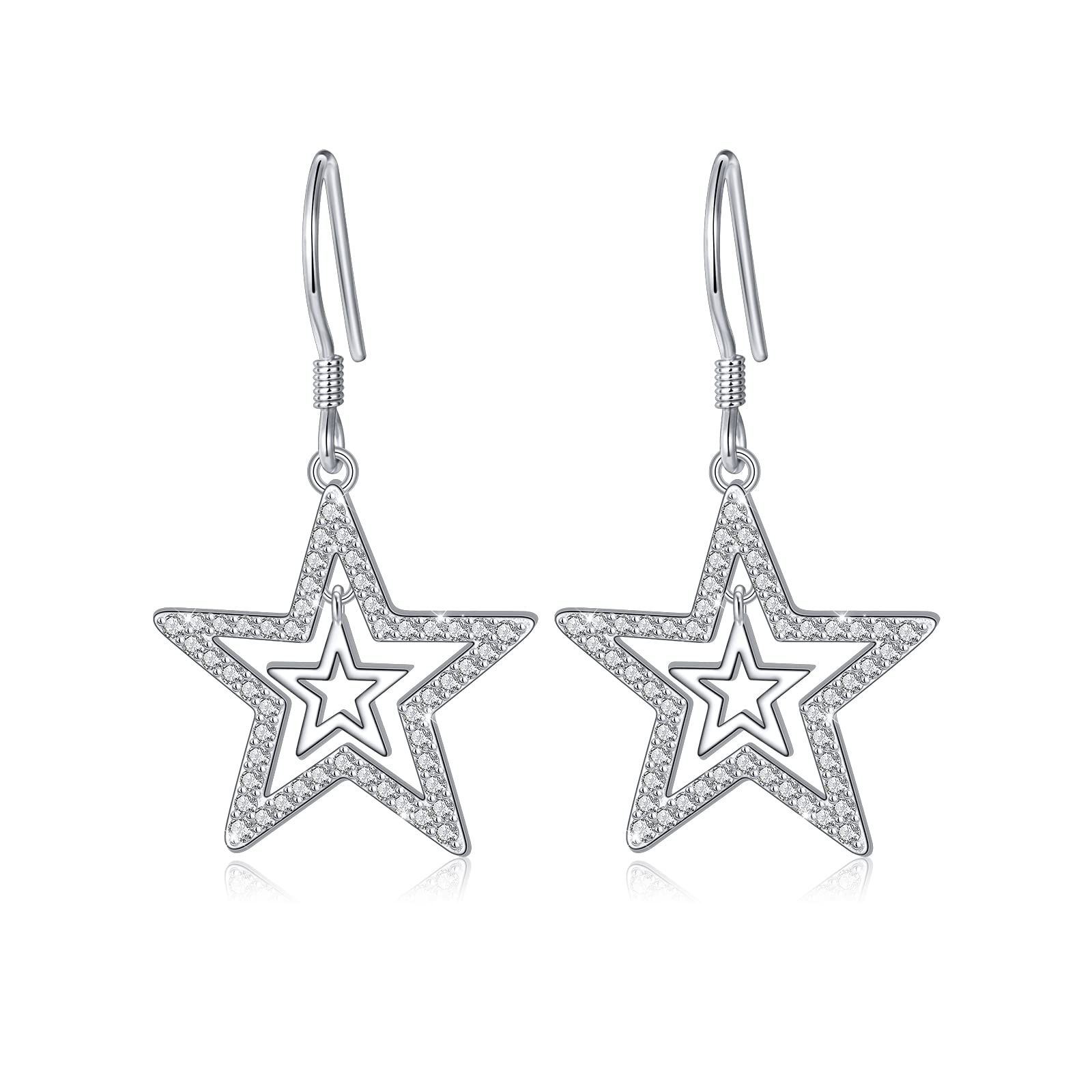 AlphmS925 Sterling Silver Double Stars Y2K Necklace & Earrings Pentagram Pendant Jewelry for Women