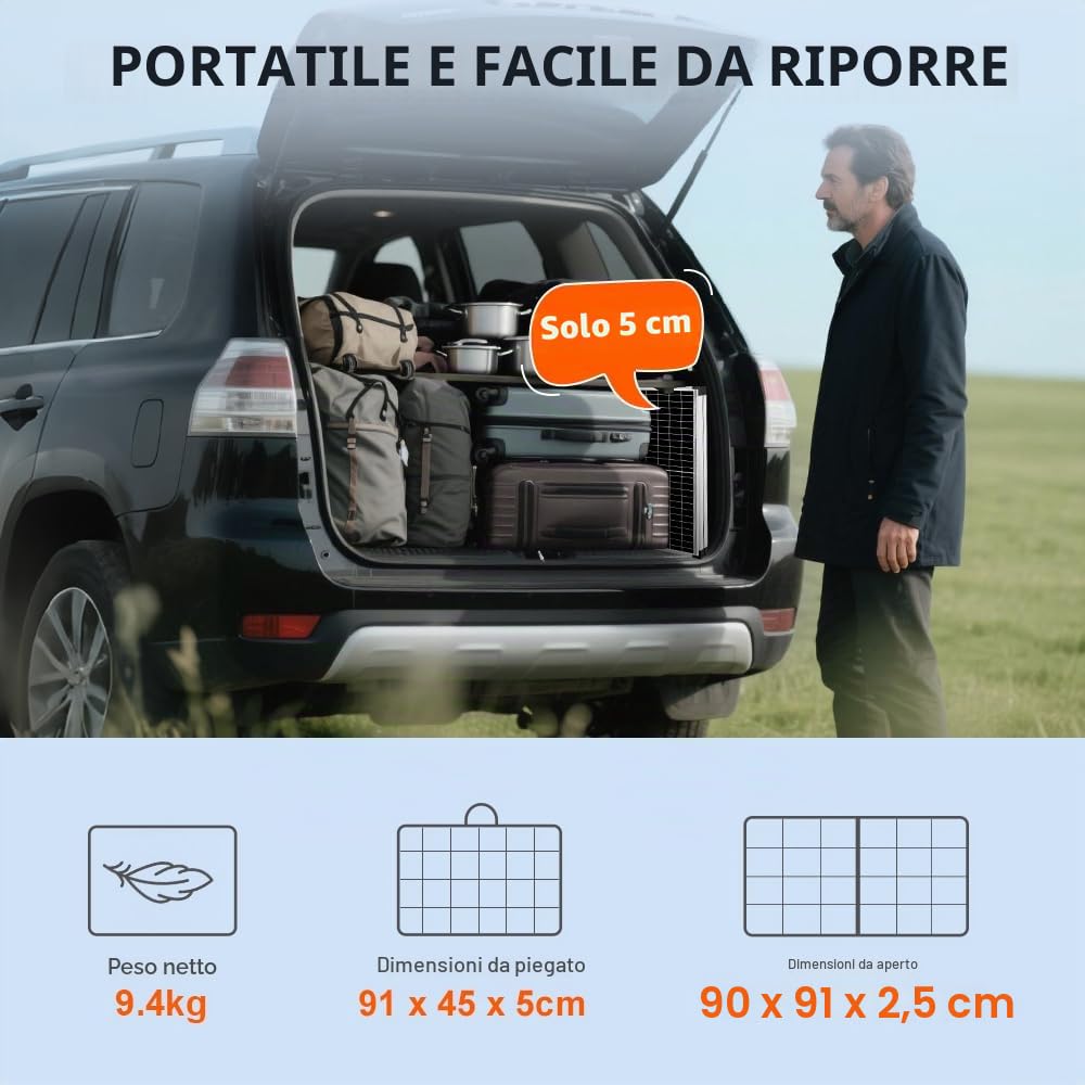 DOKIO 160W 18V Pannello Solare Portatile Pieghevole Monocristallino per batteria da 12V con regolatore di carica solare (2 porte USB) + borsa per il trasporto
