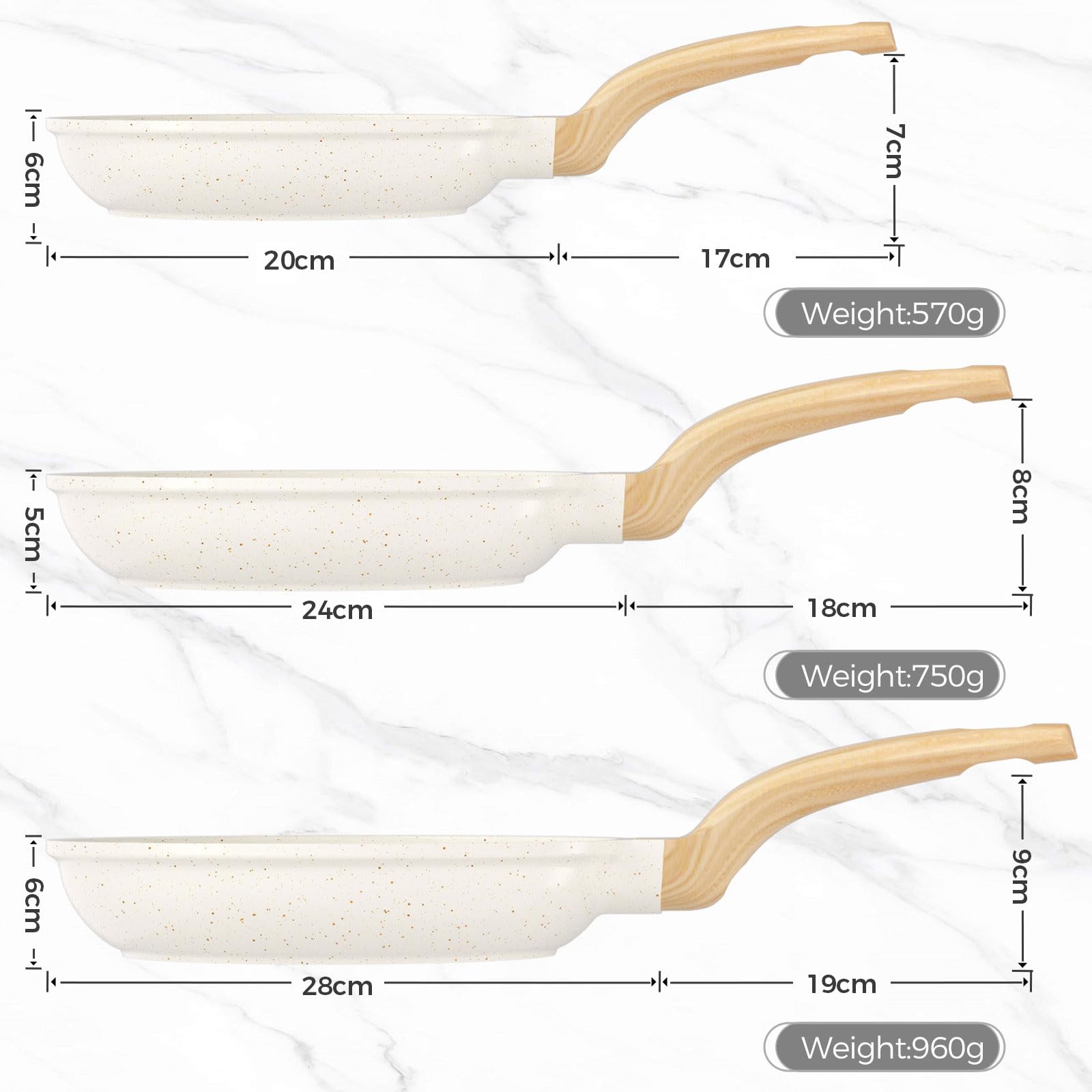 YASHE Ensemble de poêles antiadhésives, 3 pièces – Poêles en granit de 20/24/28 cm, compatibles induction, saines et durables, idéales pour les omelettes et la cuisine quotidienne, blanc