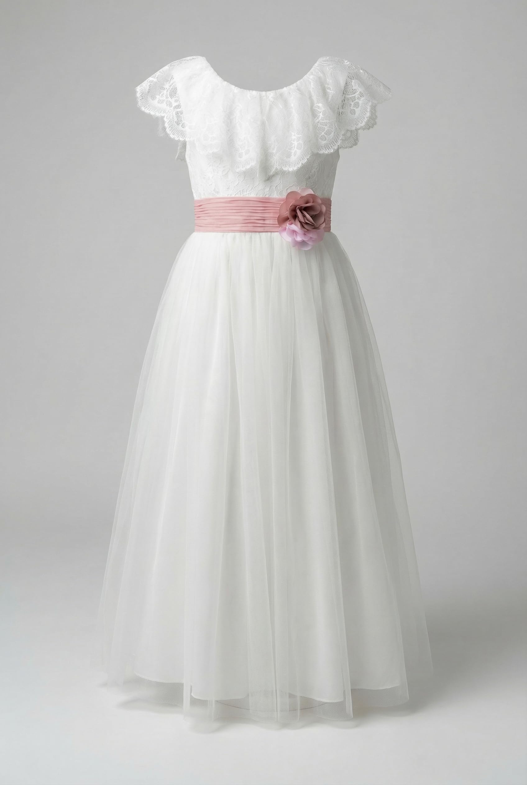 SIRRI Mädchen elfenbeinfarbenes Spitzen-Tüllkleid, Blumenmädchenkleid, bodenlang, Kommunionkleid, Alter 3-12