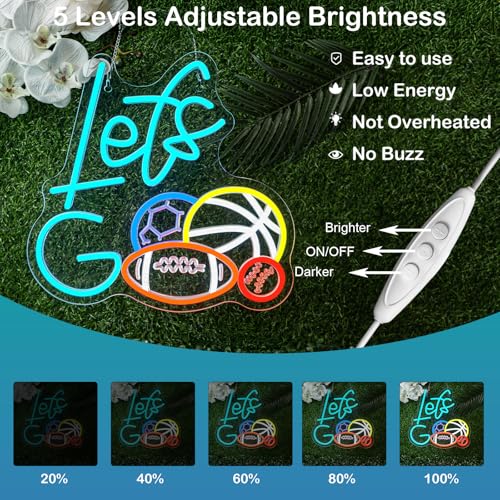 Image of Sports Neon Sign Let's Go Basketball LED Light 4 Balls Combination Sign Light Up Baseball Wall Decor for Gym Themed Party Lighted Football Gifts for Sports Lover