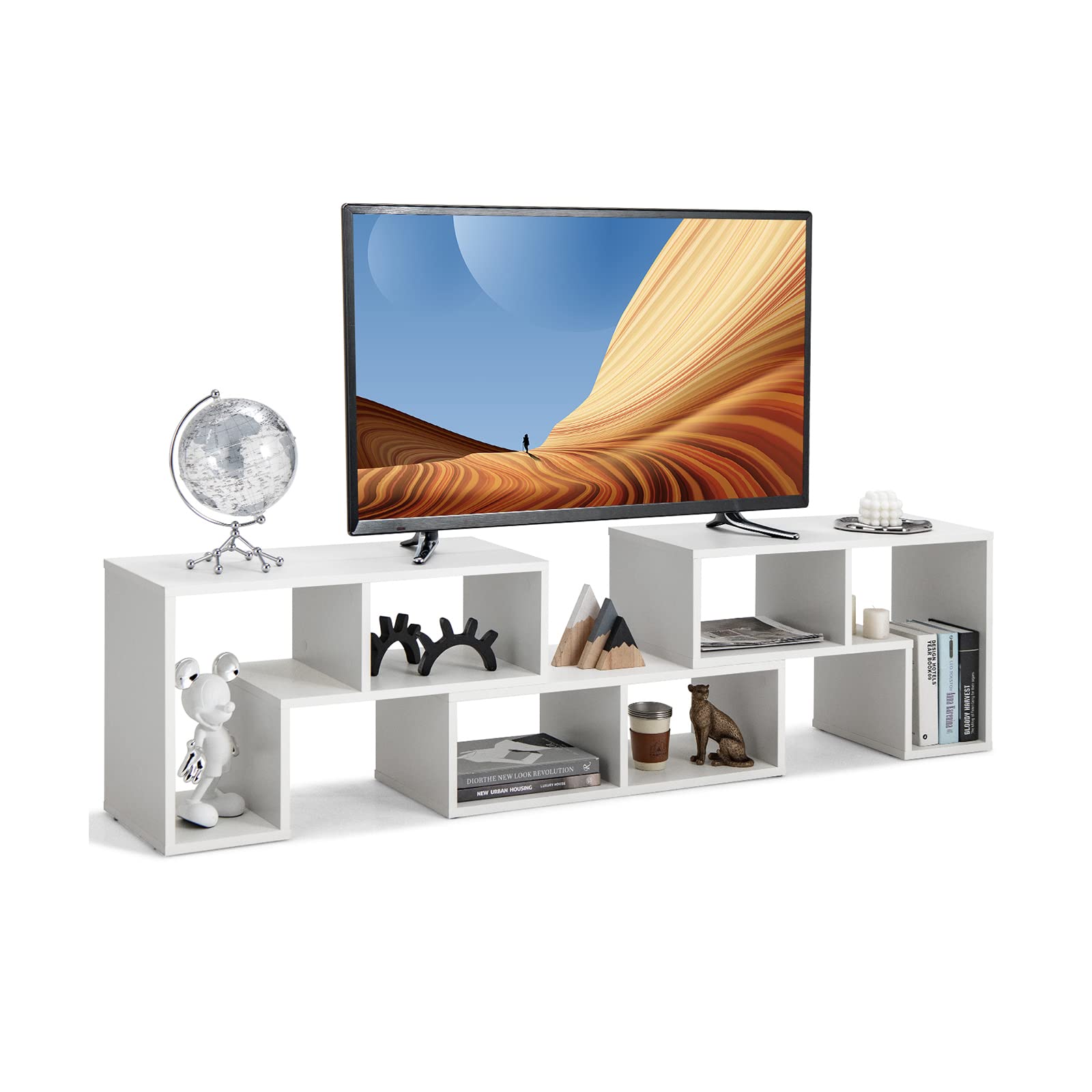 COSTWAY Meuble TV Modulaire 3 Pièces, Meuble Télé Angle Extensible 49 Pouces, Étagère Bibliothèque Bois 135x30x43cm Blanc