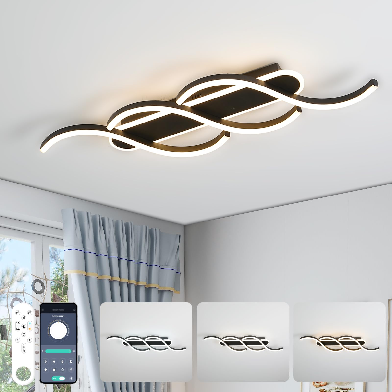 Dagea LED Dimmable Ceiling Light, 40W 4000lm Modern Dimming Ceiling Lamp with Remote Control, 79CM Ceiling Lights for Living Room Bedroom Kitchen Hallway Lighting Fixture, Black B