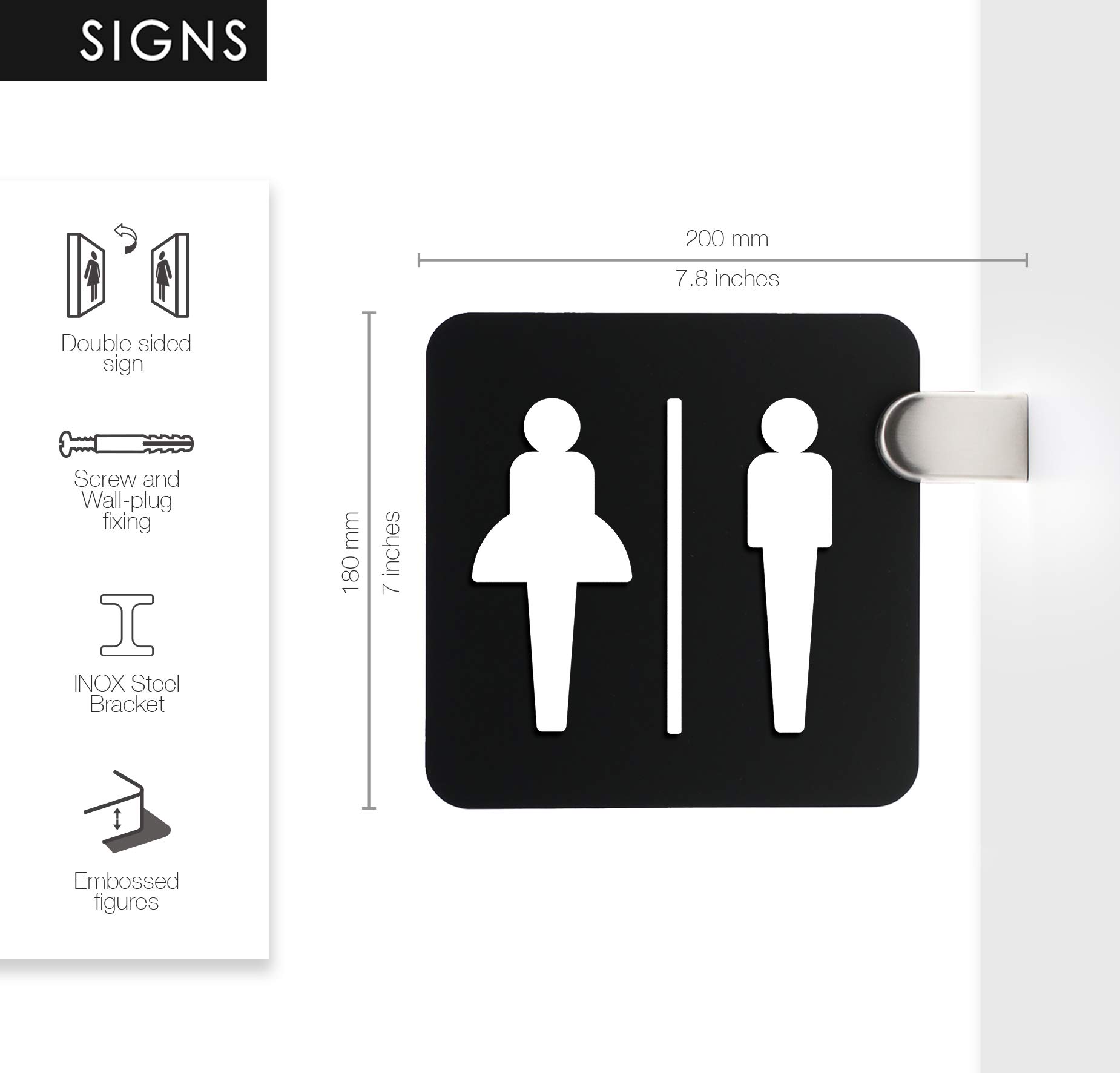 Signs - Letrero saliente de doble cara, en relieve (baño hombres y mujeres, restroom, toilette) Placa de señalización de WC con soporte mural para pasillos y salas (Modern)