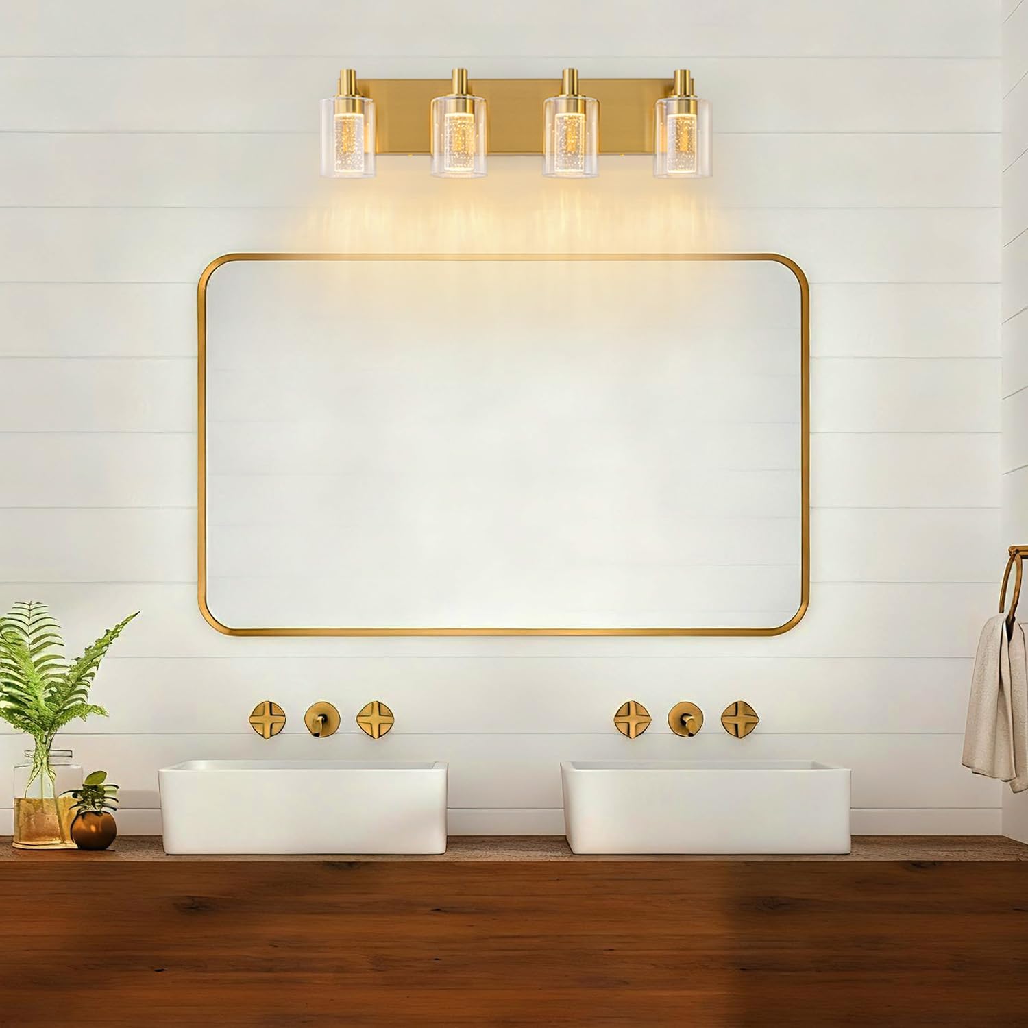SineRise Vanity Light with 3 Color Modes (3000K/4000K/6000K), Eye Protection LED Bathroom Light Fixture, Dimmable Modern Wall Light Over Mirror with Clear Glass Shade (Gold, 4-Light)