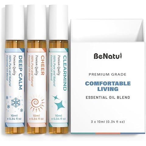 Essential Oil Set (Deep Calm, Cheer, ClearMind), Aromatherapy Roll On Blends for Massage, Body Care & Home Use, Great Fragrance Roller Gift for Men & Women