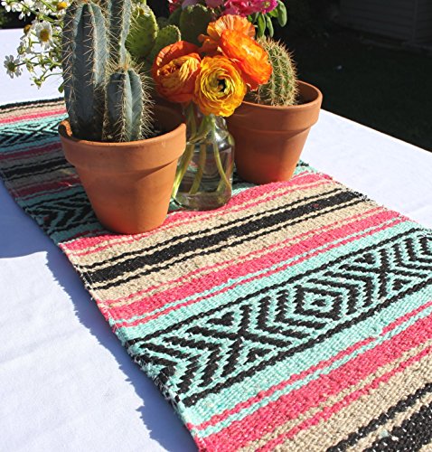 Del Mex (TM) Traditional Falsa Mexican Blanket Table Runner (Mint/Tan/Pink)