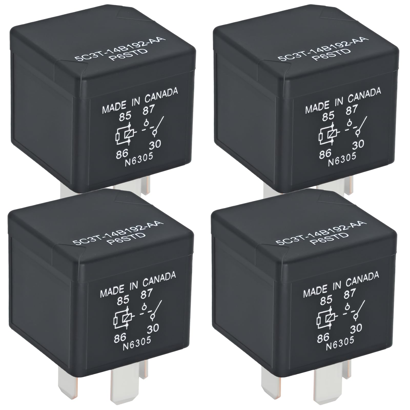 Automotive Relay 5C3T-14B192-AA P6STD (Pack of 4) - 4 Pin 12V 40A SPNO Multi-Purpose Relay for Ford