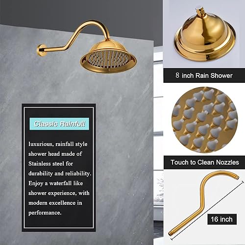 Miniatura 5 de KATAIS Sistema de ducha dorado de cuerpo completo de 8 pulgadas, sistema de chorros de ducha antiguos de lluvia con ducha de mano, 4 chorros