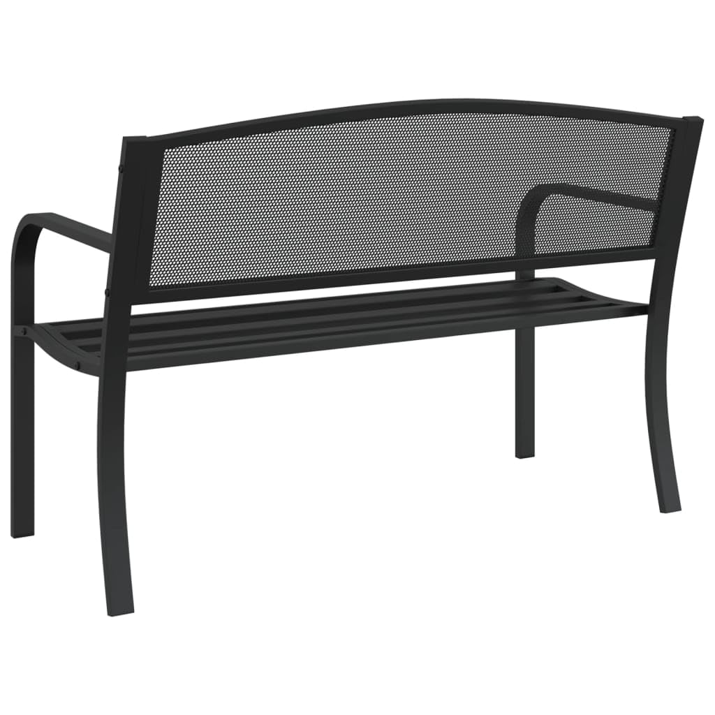 Czarna stalowa ławka ogrodowa 119 cm z perforowanym oparciem, wytrzymała ławka ogrodowa na patio i podwórko, nowoczesny design i trwały materiał z powłoką