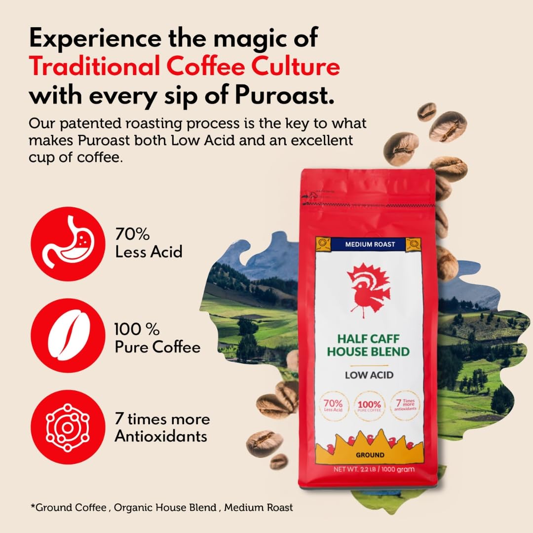 Puroast Low Acid Coffee Half Caff | Half Caff House Blend Ground | Medium Roast | High Antioxidants & High pH |No Bitter Aftertaste | Reduced Heartburn & GERD | Suitable for Cold Brew - 2.2 LB