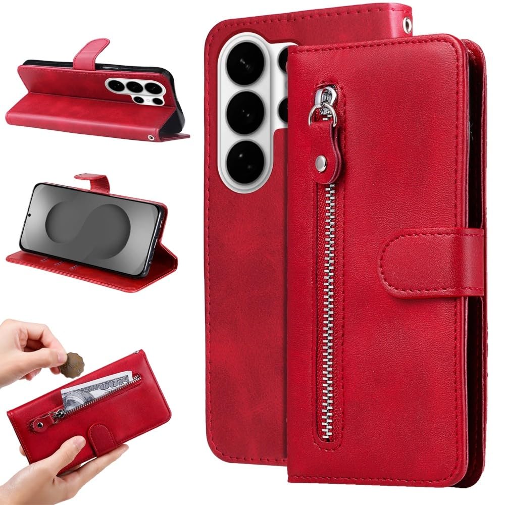 Generic Custodia Compatibile con Samsung Galaxy A26 5G (Rosso) Porta Zip Pelle Portafoglio Flip Cover Posteriore
