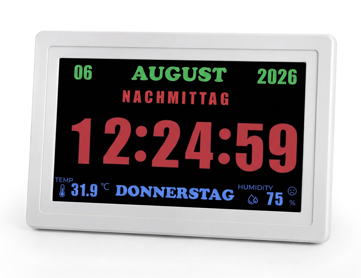 7'' Digitale Demenz-Uhr für Senioren - Große Schriftanzeige mit Uhrzeit, Datum, Wochentag, Temperatur, 5 Alarmen & 10 Erinnerungen, Automatische Dimmung, Weiß