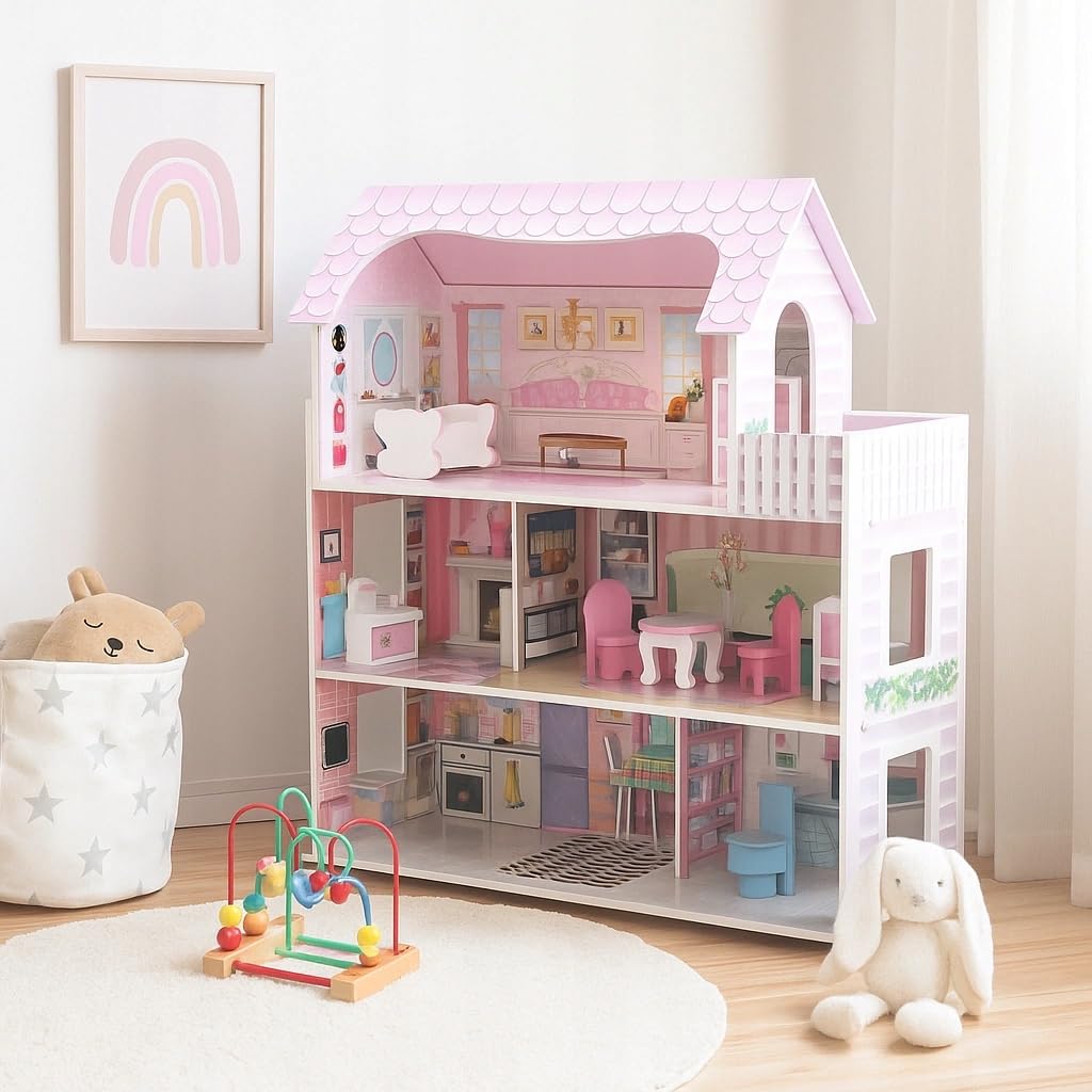 Mibbi Drewniany Domek dla Lalek HOMEE Duży XL – 3-Poziomowy z 8 Mebelkami i Balkonem, Różowy Zabawkowy Domek dla Dziewczynek 70x62x27 cm