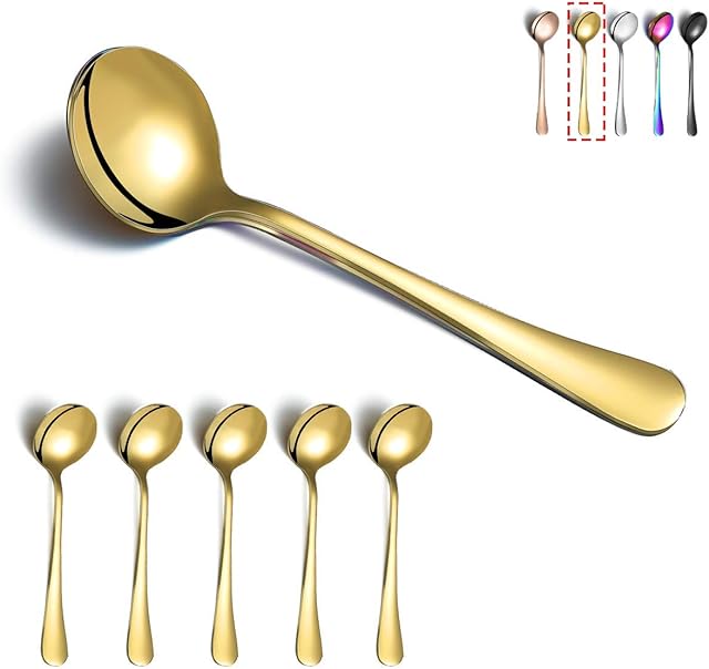Gold Soup Spoons, Kyraton 6 Pieces 19 cm Stainless Steel Round Spoons with Gold Titanium Plating, Gold Dinner Spoon Table Spoon, Spoons Silverware Dishwasher Safe Set of 6