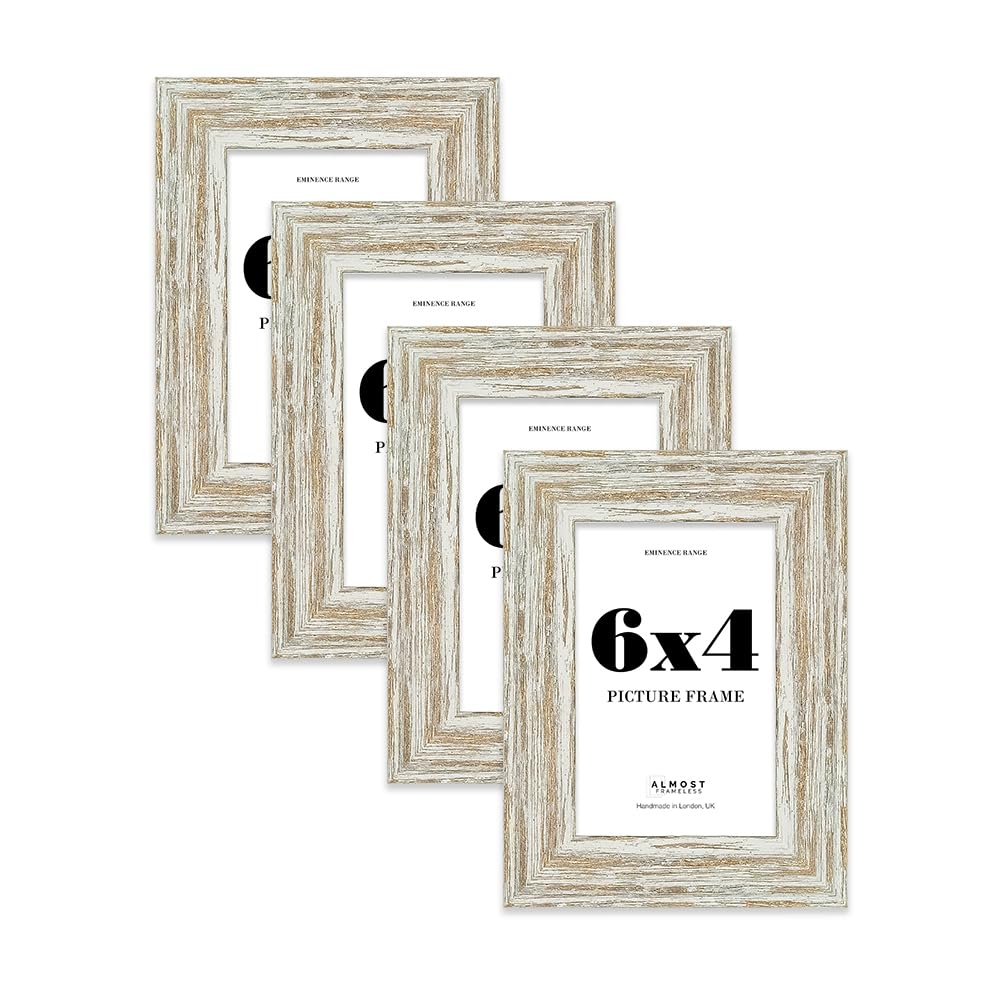 6x4" Distressed White Oak Picture Frame - Rustic Wood Industrial Effect Photo Frame for Wall Display, Ideal for Posters, Prints & Home Décor, Wall Hooks and Kickstand, 32mm Edge - 4 Pack
