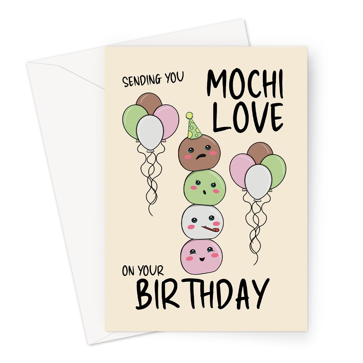 Cute Mochi Birthday Card – Kawaii Japanese-Inspired Happy Birthday Card for Friends, Family, and Loved Ones – Blank Inside – Size A6 with Envelope