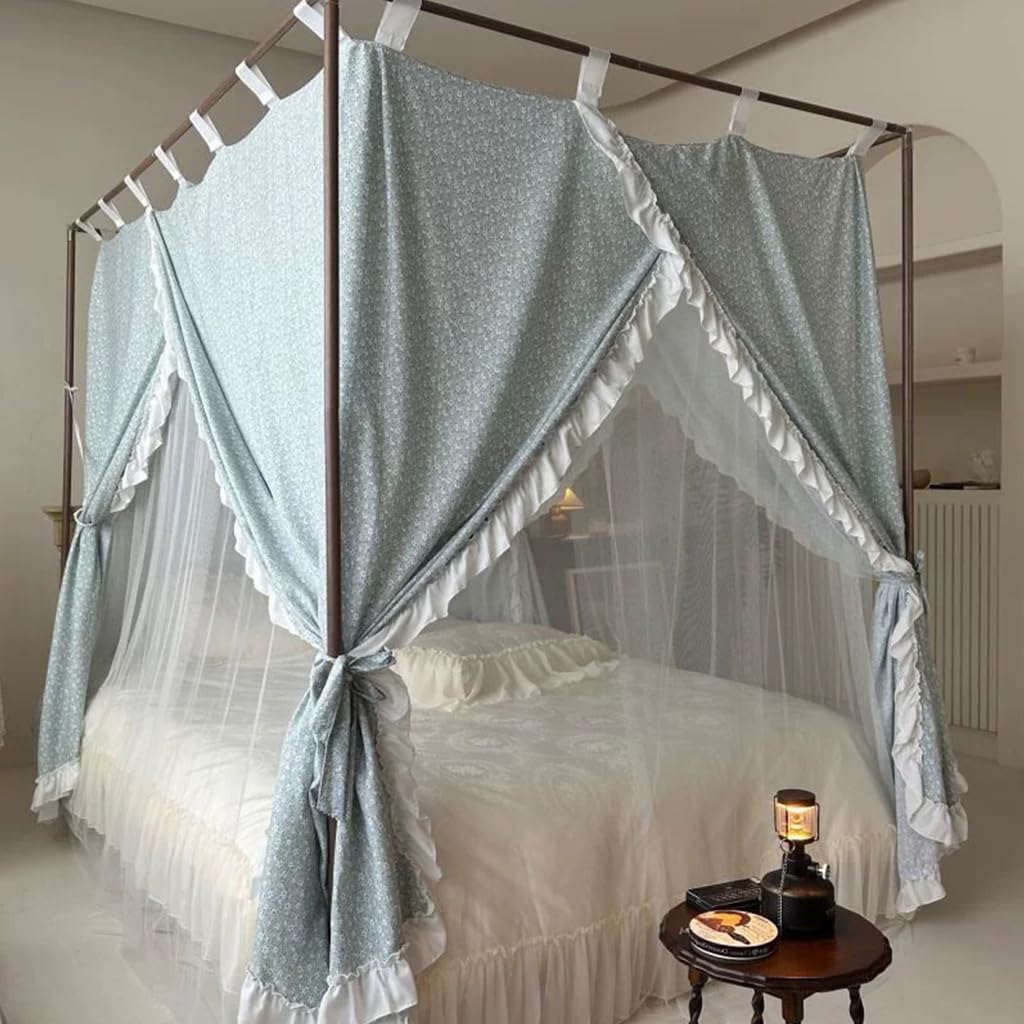 2-IN1 Broken-Flowers 4 Corners Post Canopy Bed Curtains Double Layer Cozy Drape Netting with 3 Opening Mosquito Net Mesh for Girls Bedroom Decoration (Blue, 64" W x 86" L (Pack of 1))