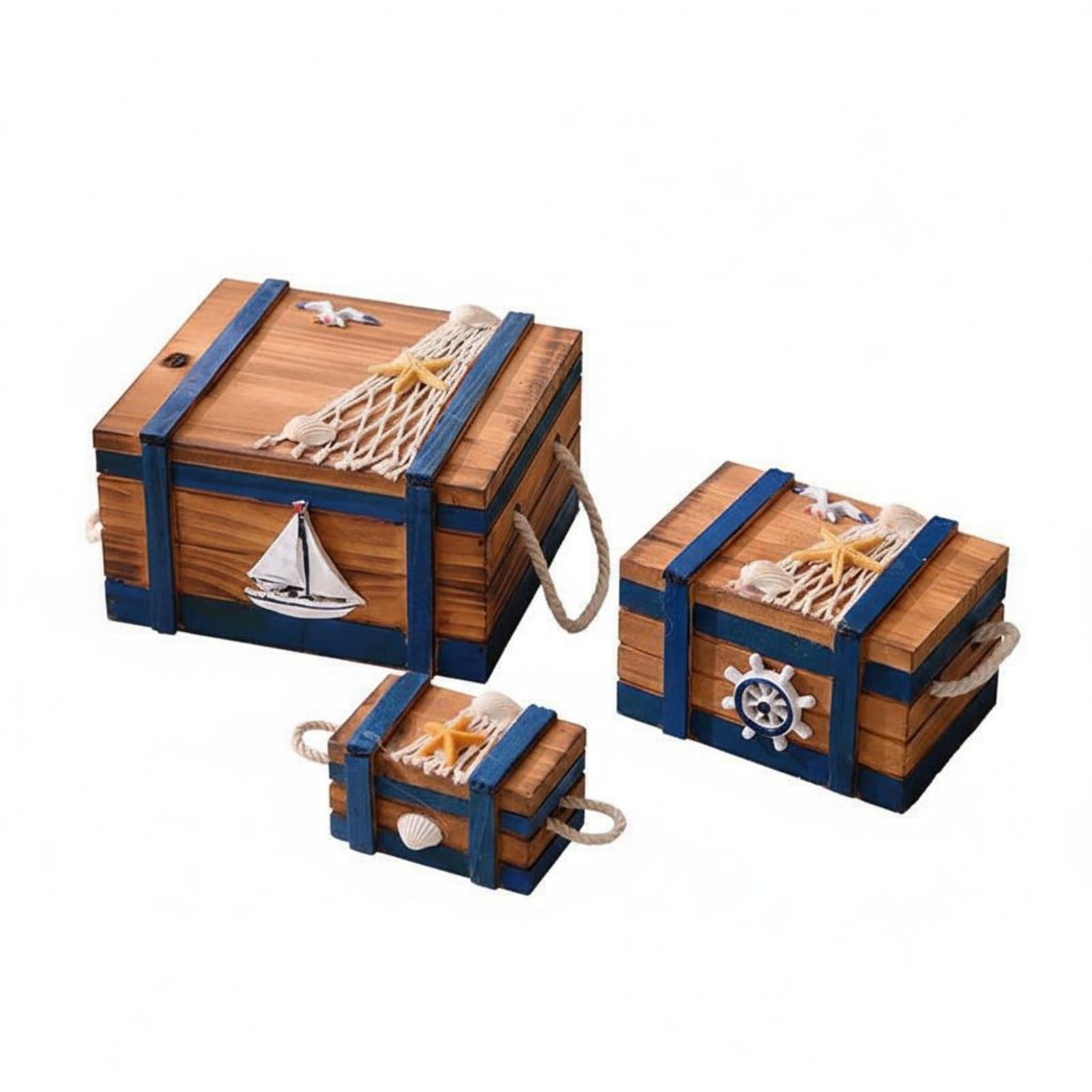 3 Pieces Artisan-Made Look Mediterranean Design Storage Box Vintage Design Nautical Wooden Chest Set Wooden Treasure Chest Ornament for Desktop, Bookshelf, Bedroom, Antique Blue-image-1