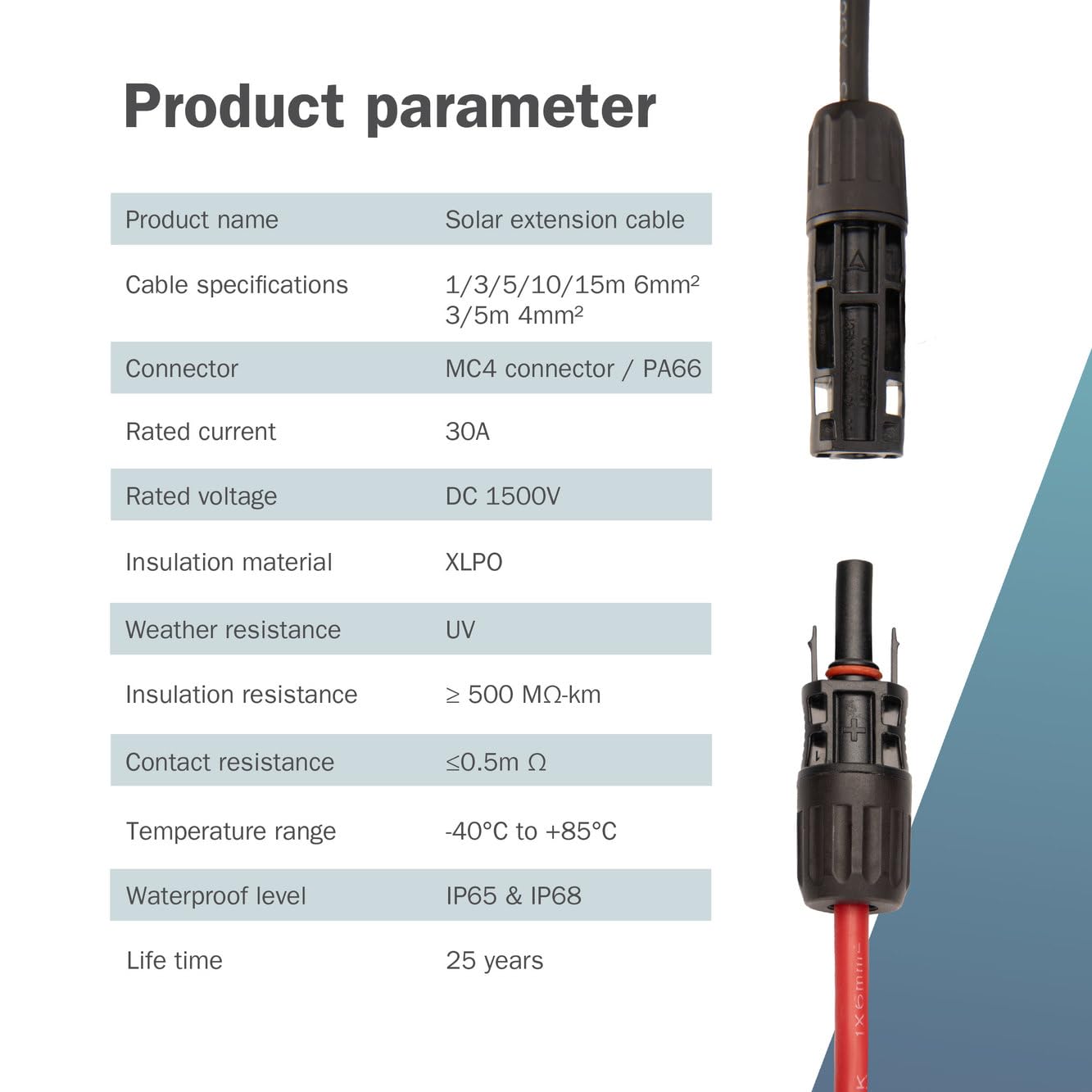 DIGITUS Juego de Cables solares de extensión – 2 Cables – 15 m – sección del Conductor de 6 mm² – Conector MC4 – IP65/68 – Resistente a los Rayos UV y a la Intemperie – Funda XLPO – 1x Rojo, 1x Negro