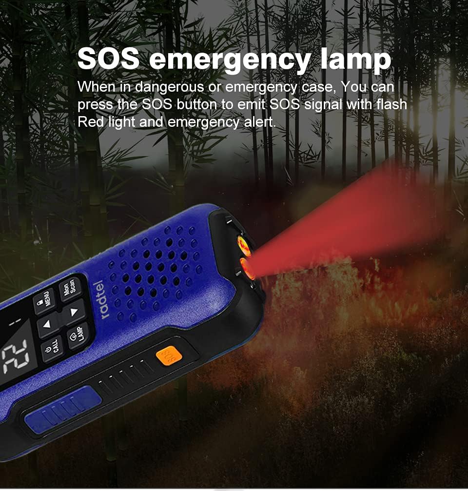 Close-up of the Radtel R260 walkie talkie emitting a red SOS emergency light in a dark, outdoor setting.