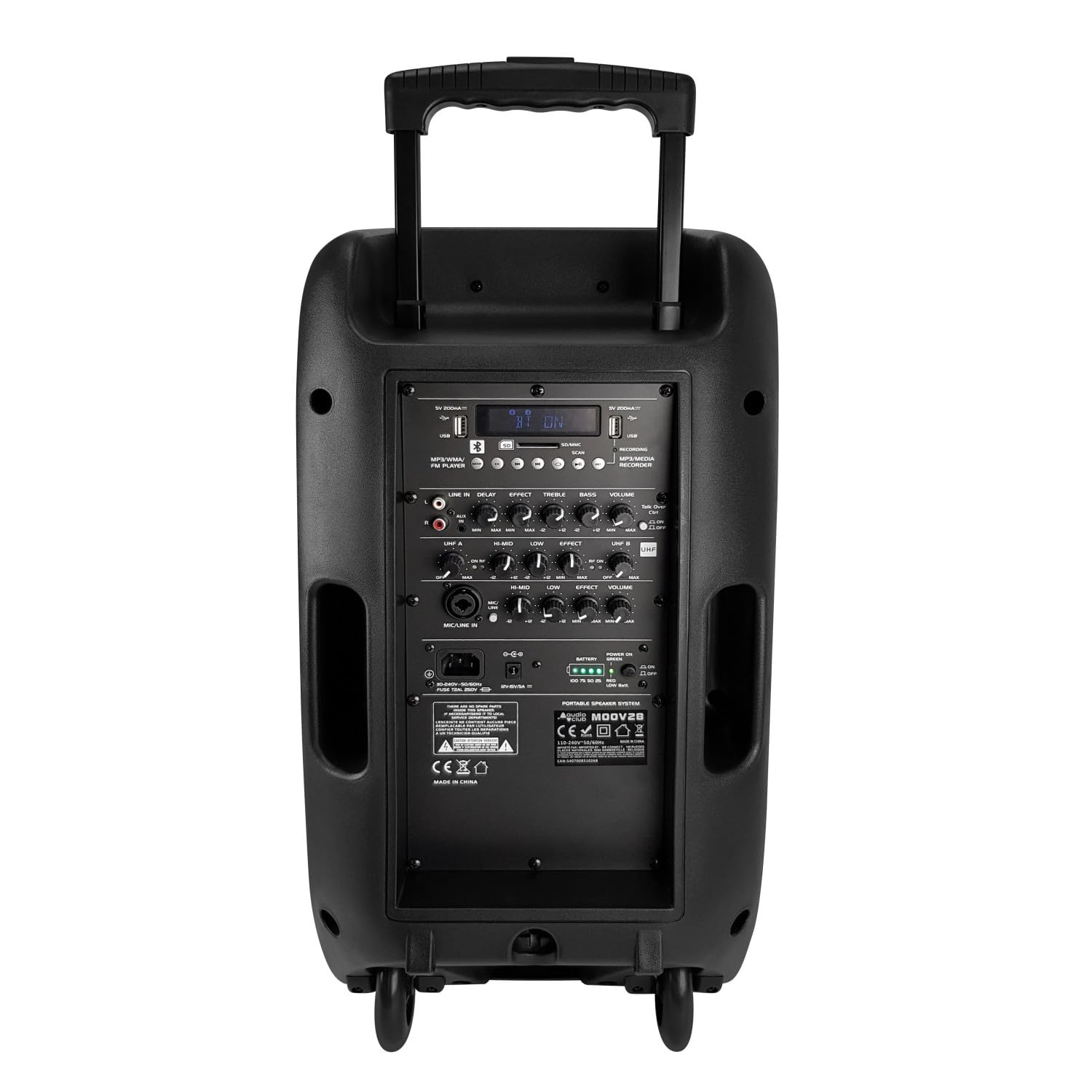Altoparlante Pro portatile 2 x 8" 400/800 W – Audio Club MOOV28 – USB BT Line FM – Batteria – Micros UHF + supporto PIED